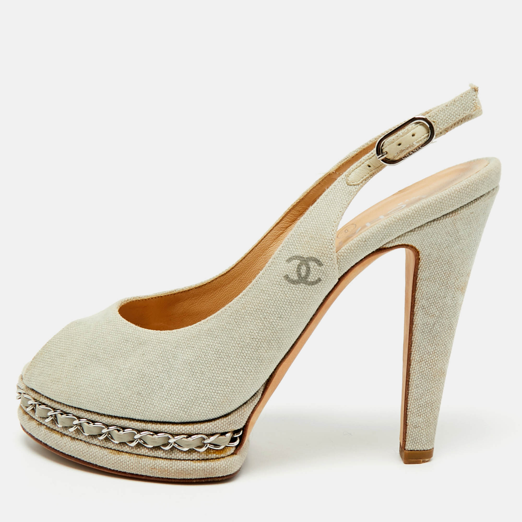 

Chanel Grey Canvas Peep Toe Slingback Platform Sandals Size