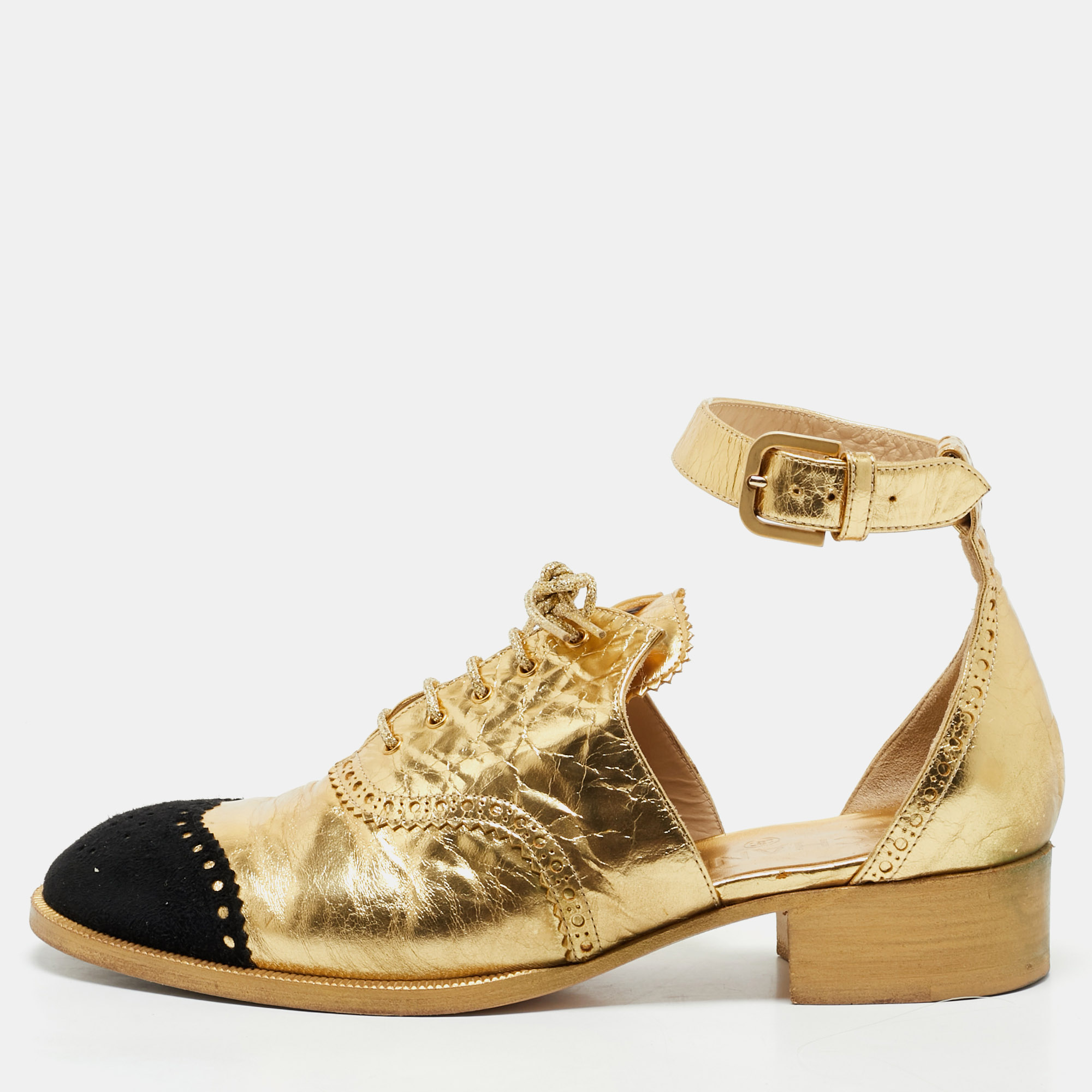 

Chanel Gold/Black Leather and Suede CC Ankle Strap Oxford Sandals Size