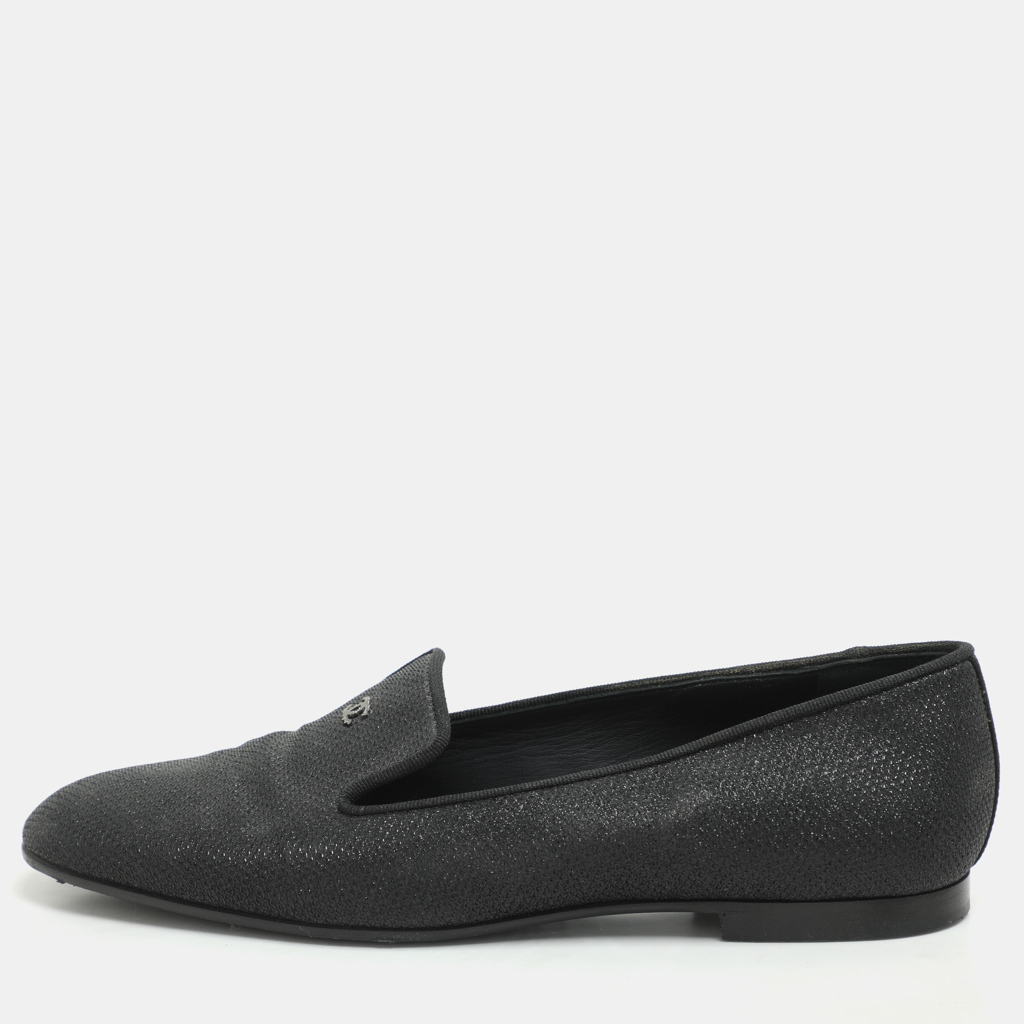 Pre-owned Chanel Black Lame Fabric Cc Moccasins Size 39