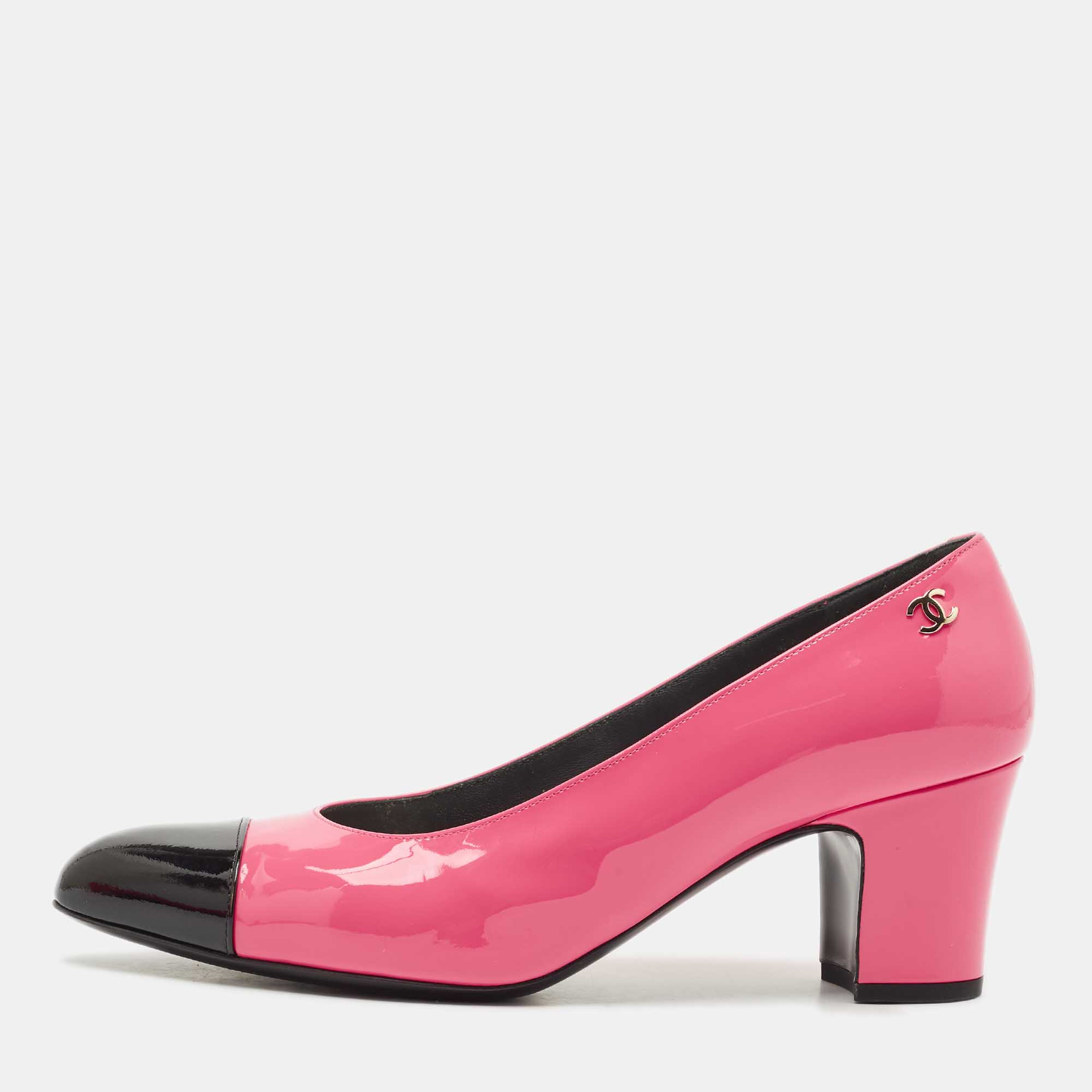 

Chanel Pink/Black Patent Leather Cap Toe Block Heel Pumps Size