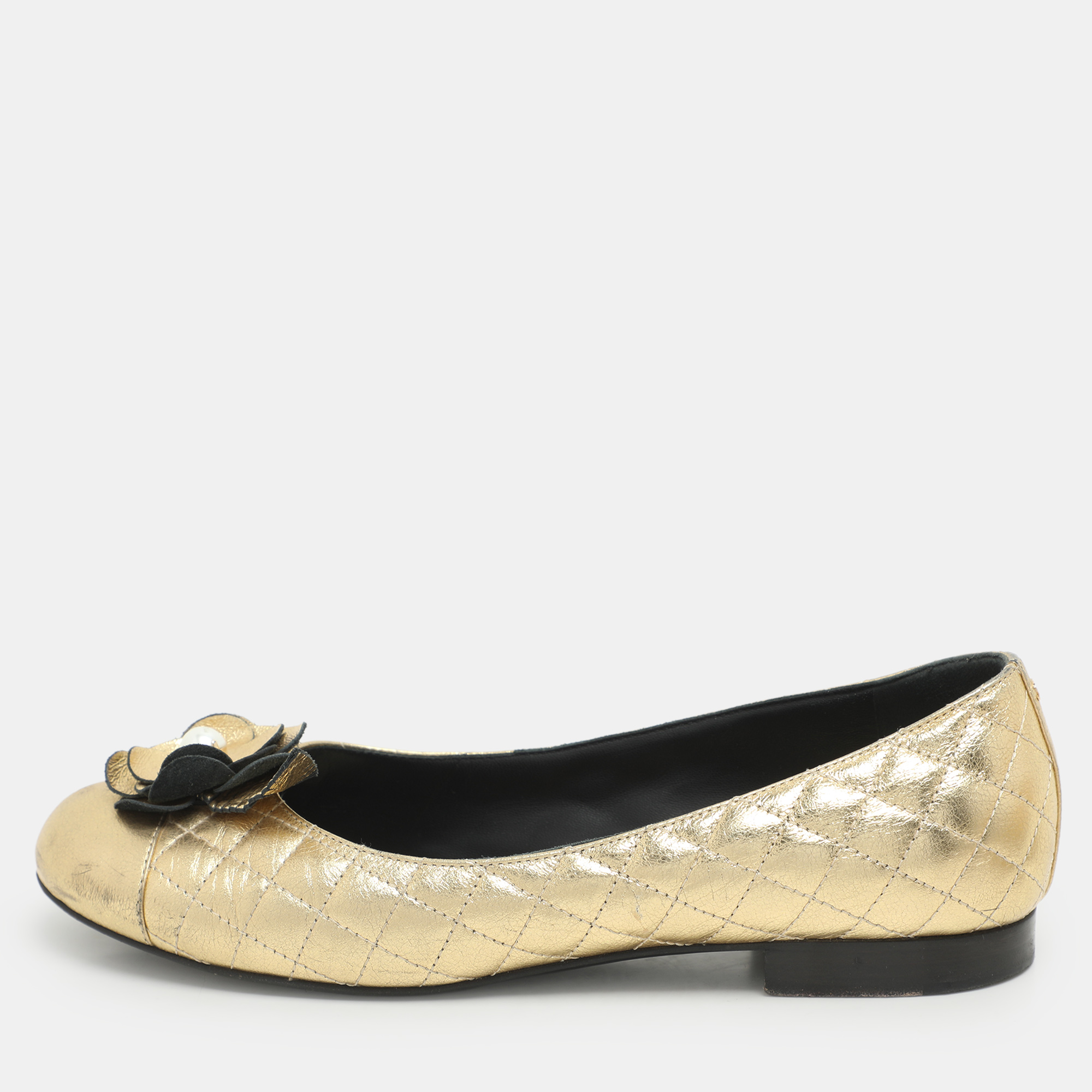 

Chanel Gold Leather Camelia CC Ballet Flats Size