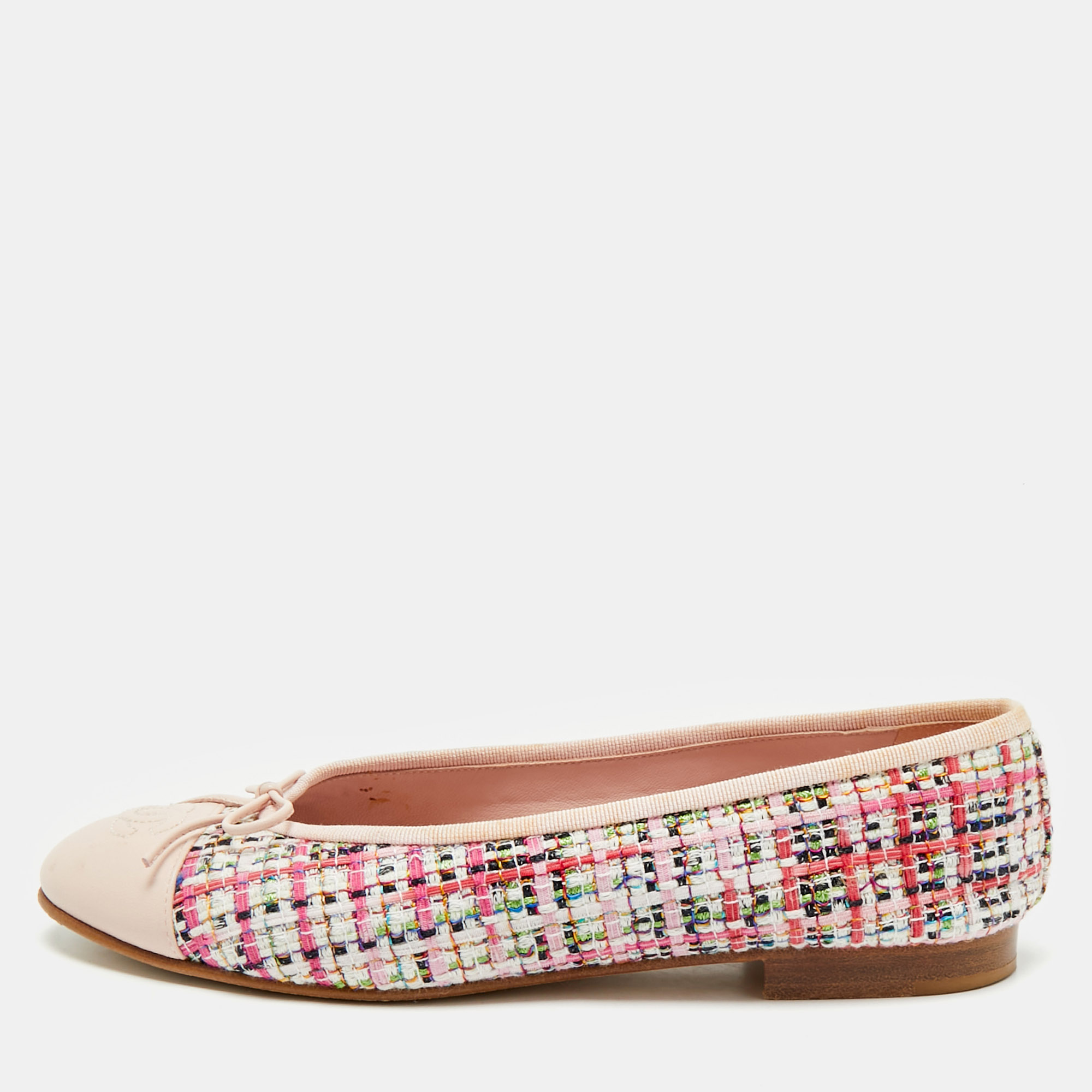

Chanel Multicolor Leather and Tweed CC Ballet Flats Size