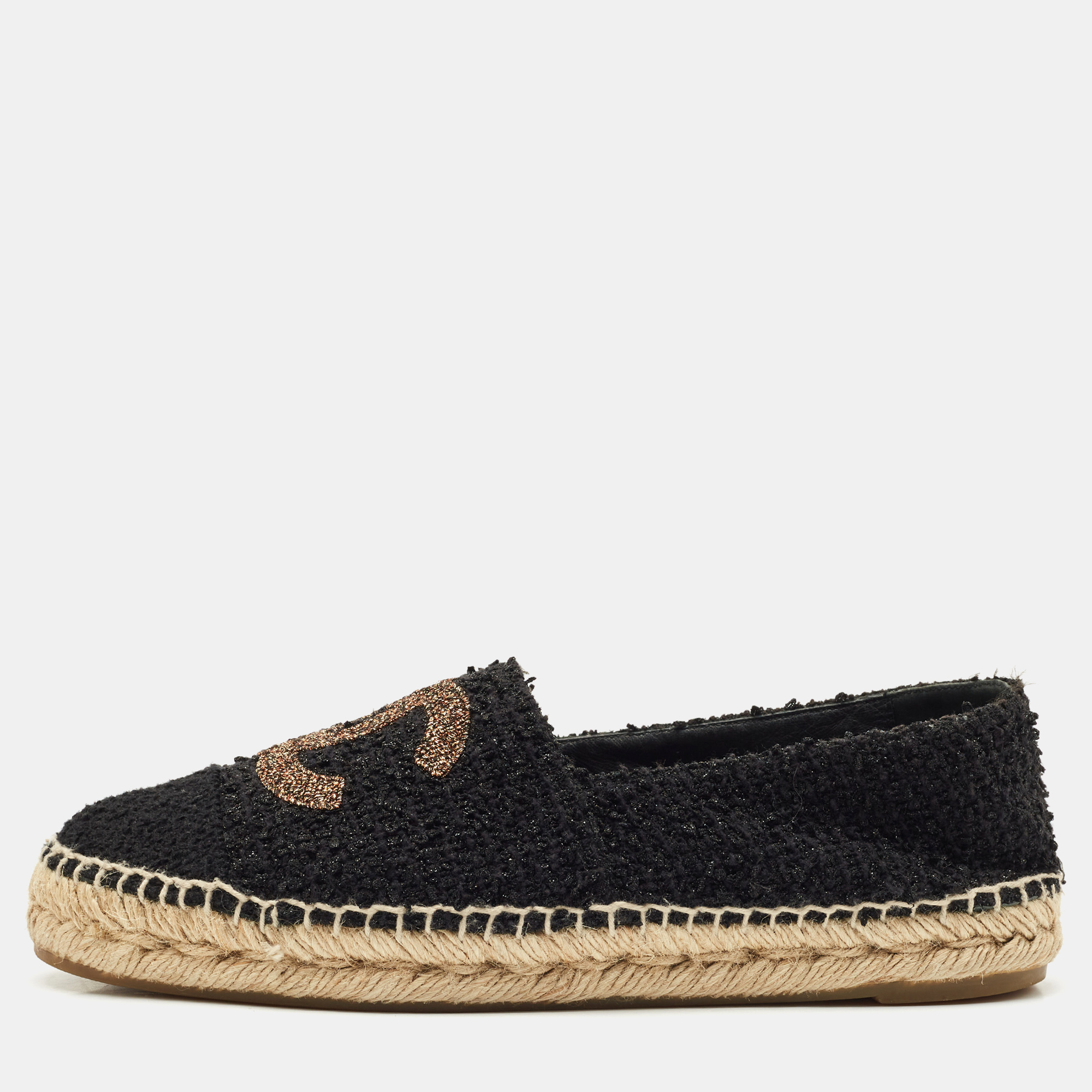 Pre-owned Chanel Black/gold Tweed Cc Cap Toe Espadrille Flats Size 39