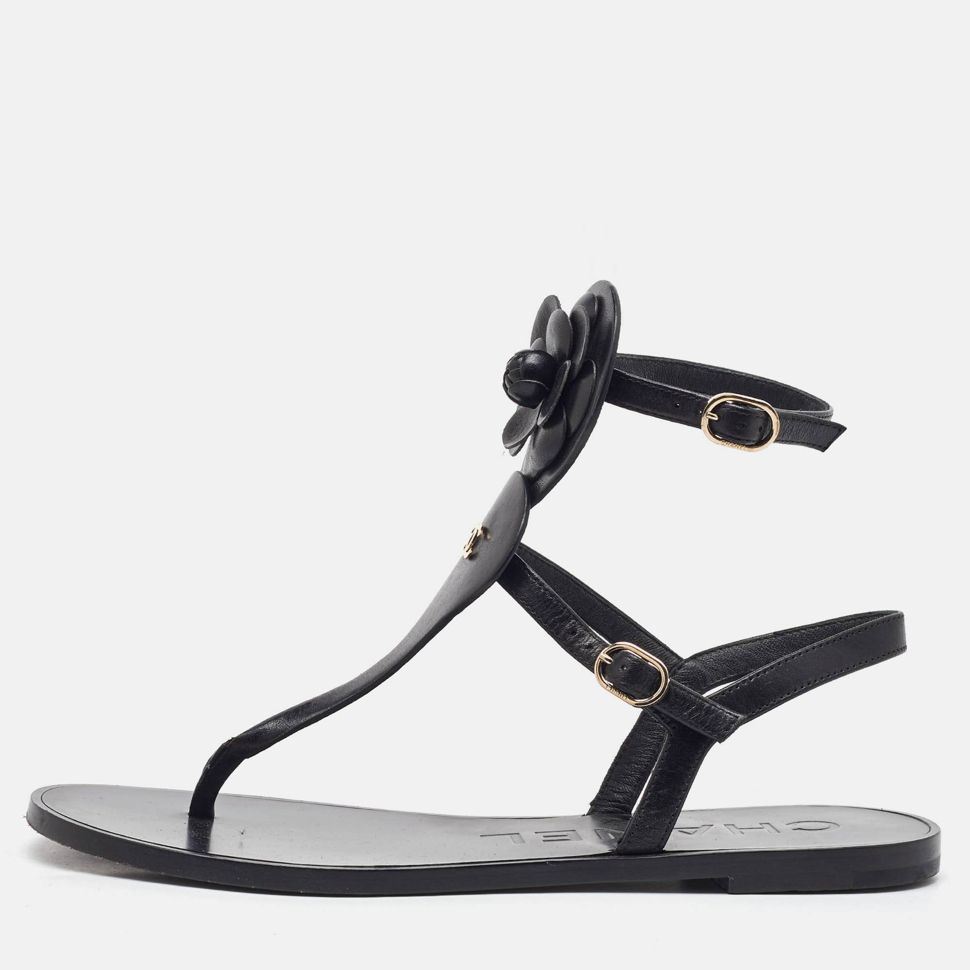 

Chanel Black Leather CC Camellia T-Strap Flat Sandals Size