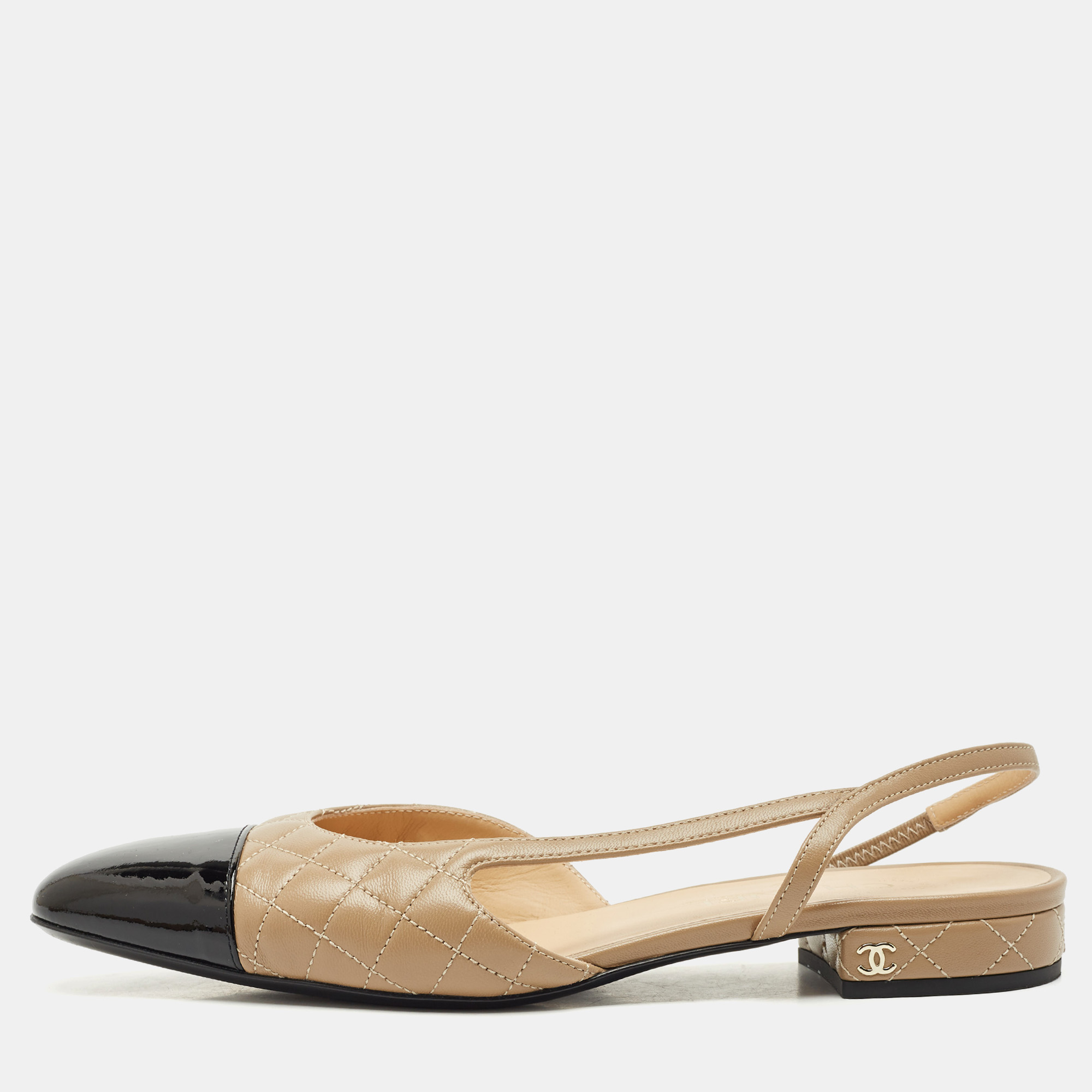 

Chanel Beige/Black Patent and Leather CC Cap Toe Slingback Ballet Flats Size