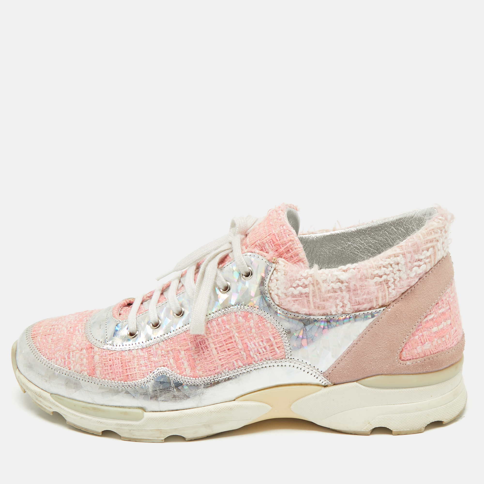 

Chanel Pink/Silver Tweed and Holographic Leather Lace Up Sneakers Size