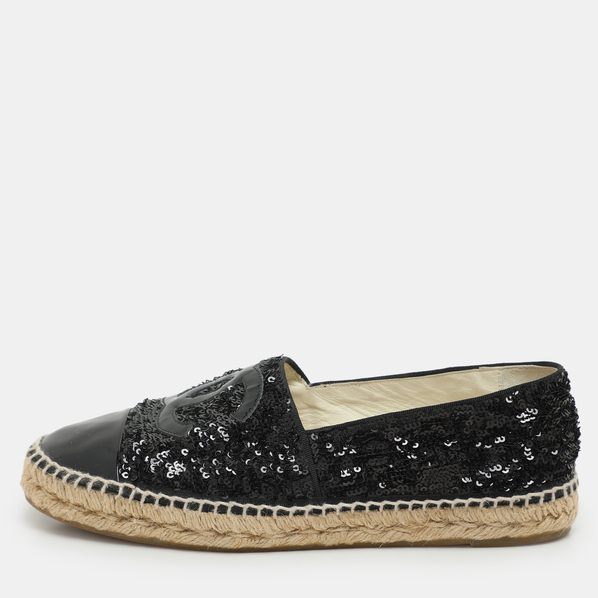 

Chanel Black Sequins and Patent Leather CC Cap Toe Espadrille Flats Size
