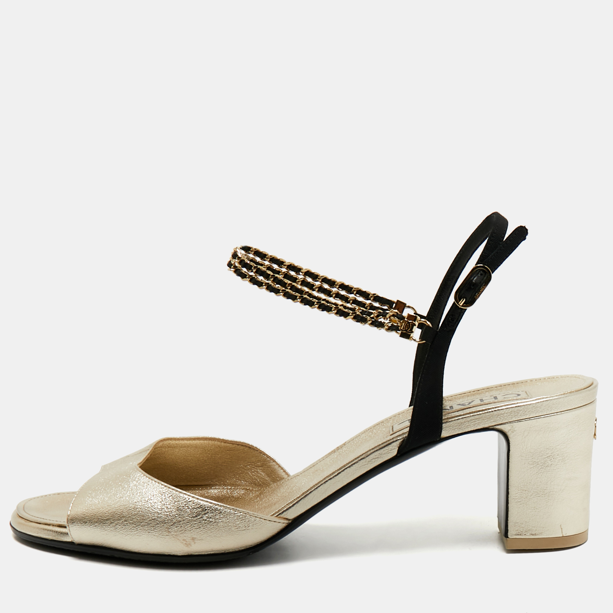 

Chanel Gold/Black Leather CC Chain Ankle Strap Sandals Size