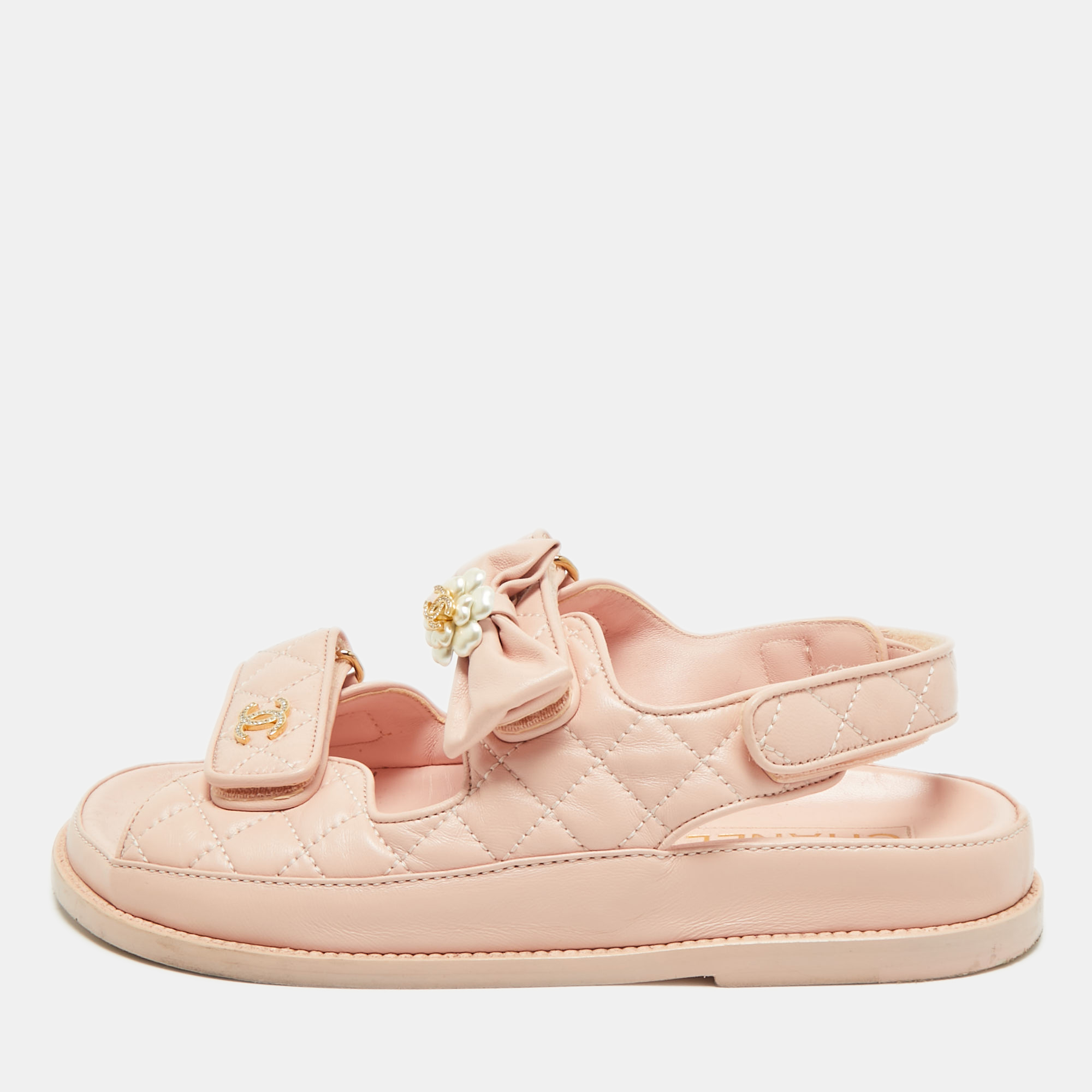 

Chanel Light Pink Leather CC Pearl Camellia Dad Flat Sandals Size