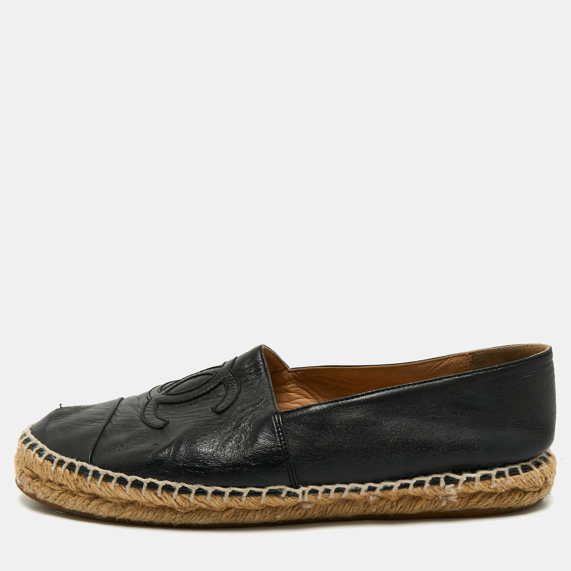 Pre-owned Chanel Black Leather Cc Cap Toe Espadrille Flats Size 39