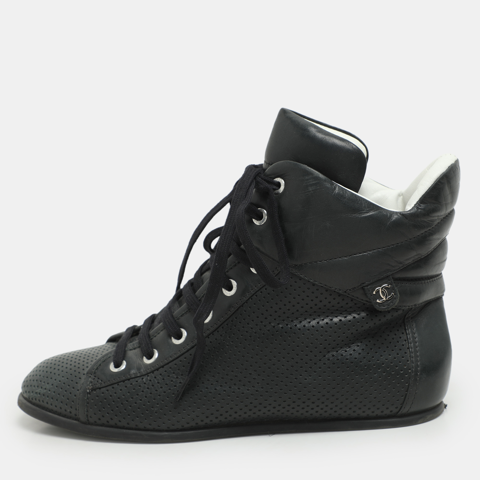 

Chanel Dark Green Perforated Leather CC High Top Sneakers Size 38