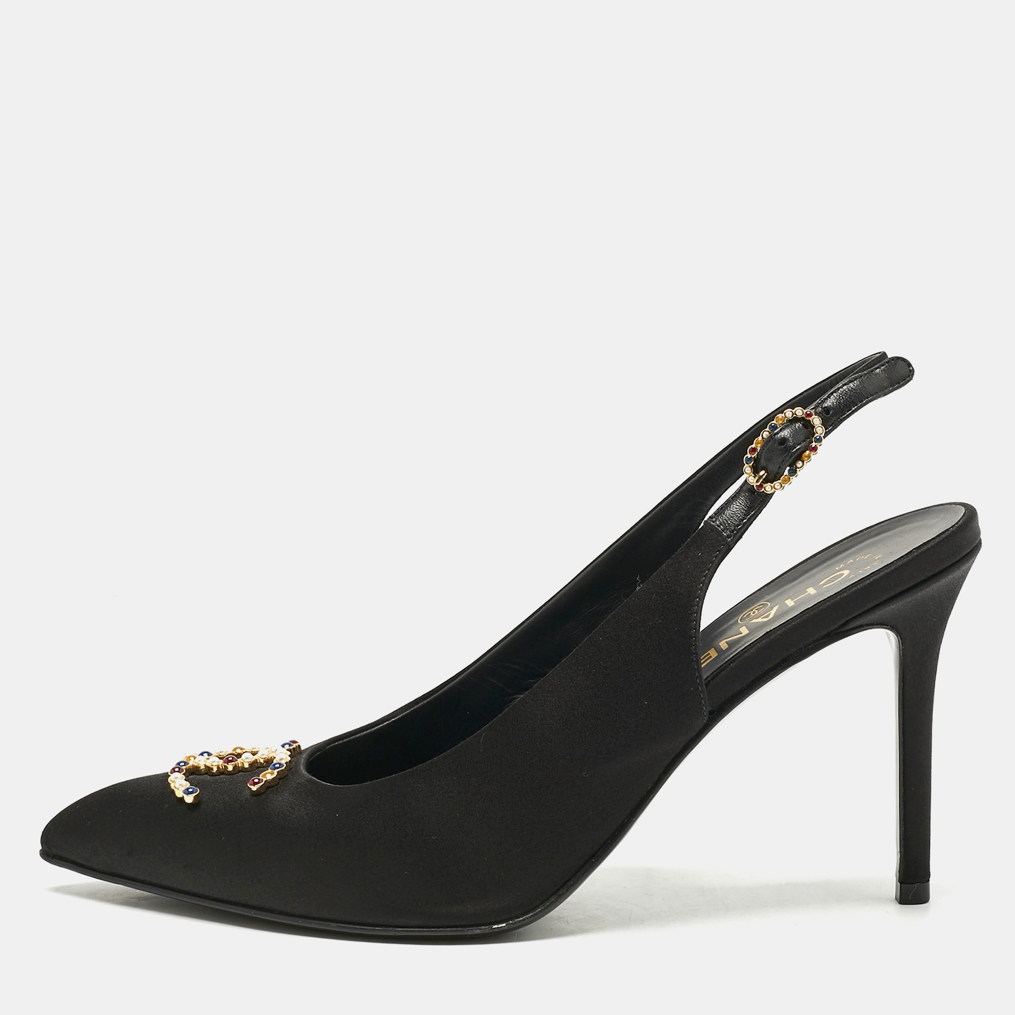

Chanel Black Satin CC Embellished Slingback Pumps Size