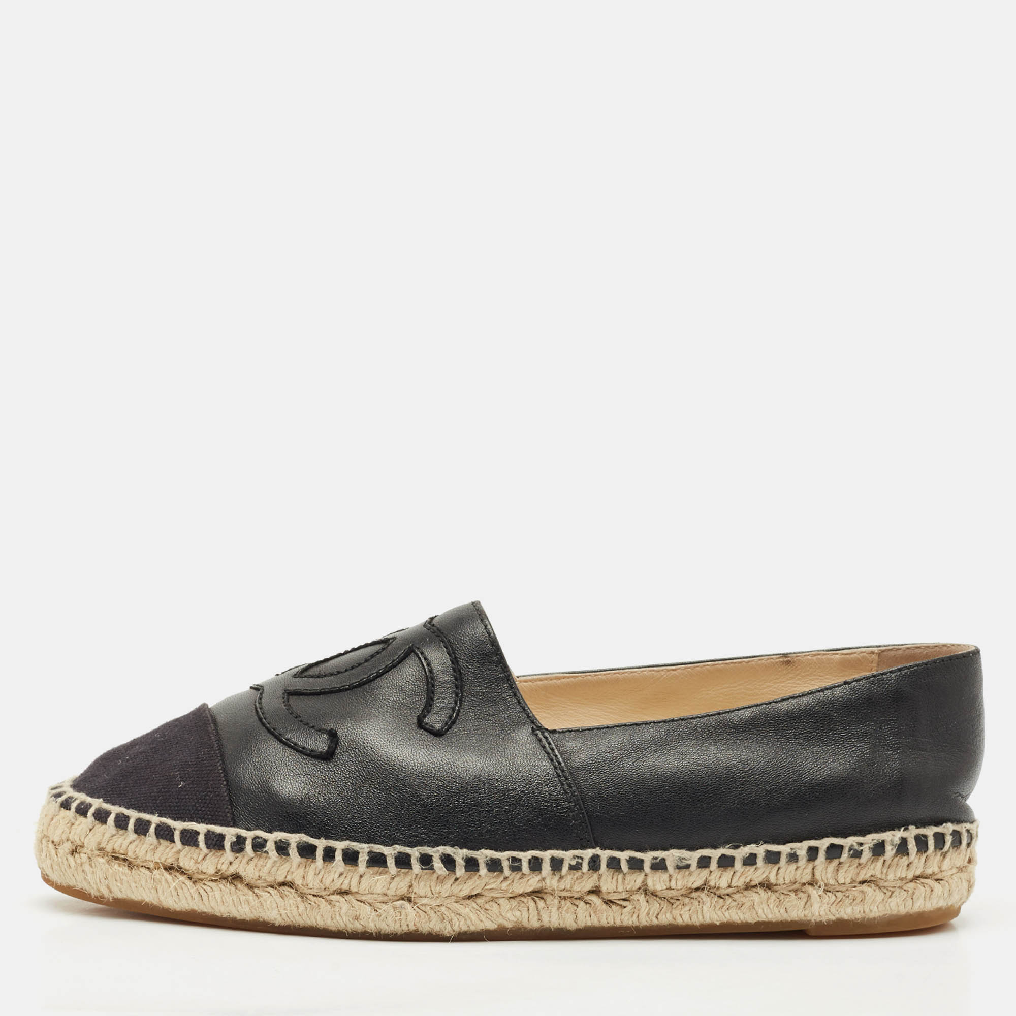 

Chanel Black Leather/Canvas CC Logo Espadrilles Size