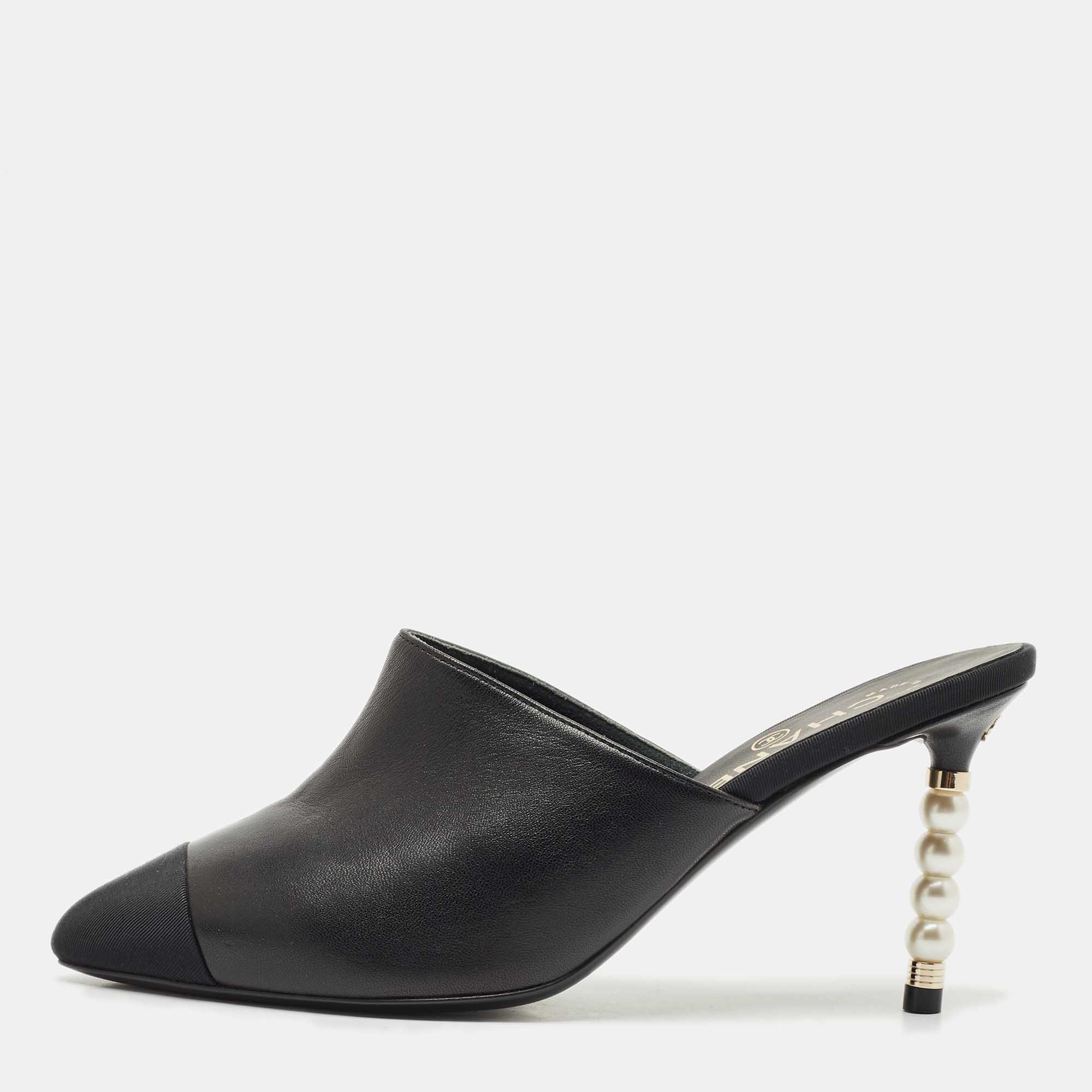 

Chanel Black Leather and Fabric Cap Toe CC Pearl Embellished Mules Size