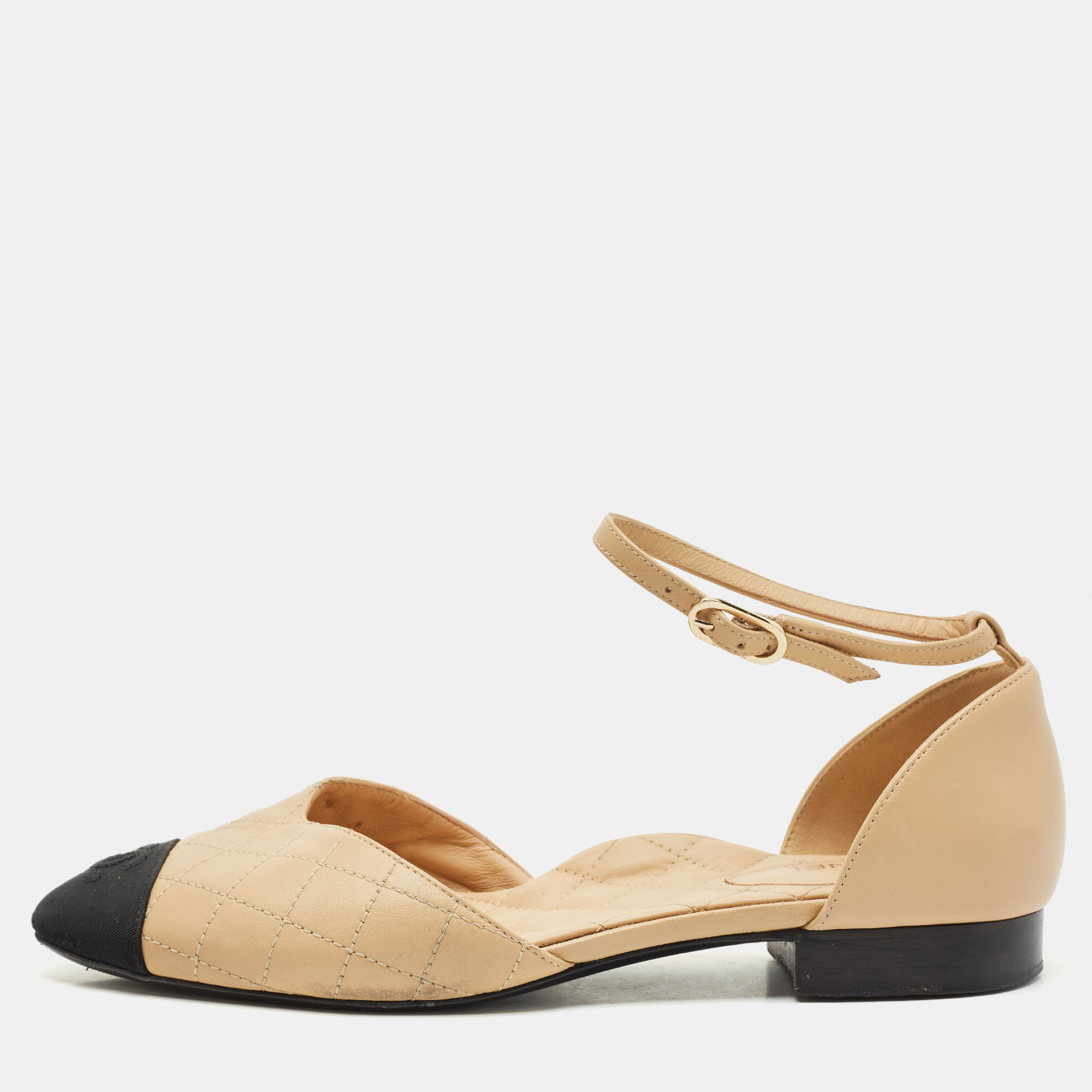 Pre-owned Chanel Beige/black Canvas And Leather Ankle Strap Flats Size 39.5 In Sand