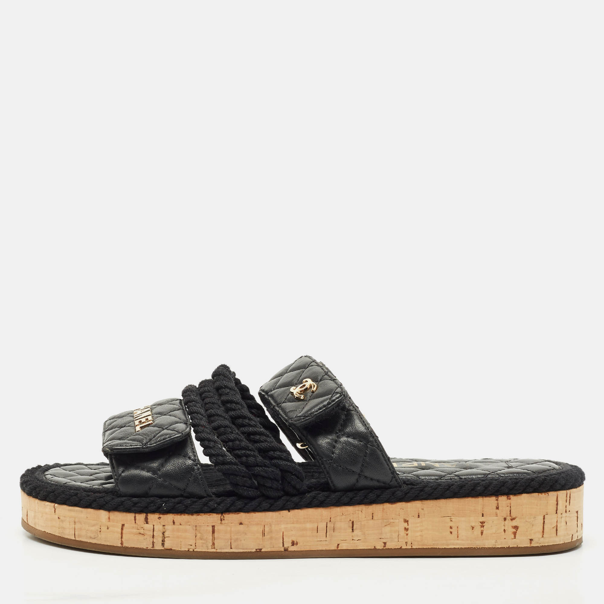

Chanel Black Leather Quilted Rope CC Flat Sandals Size