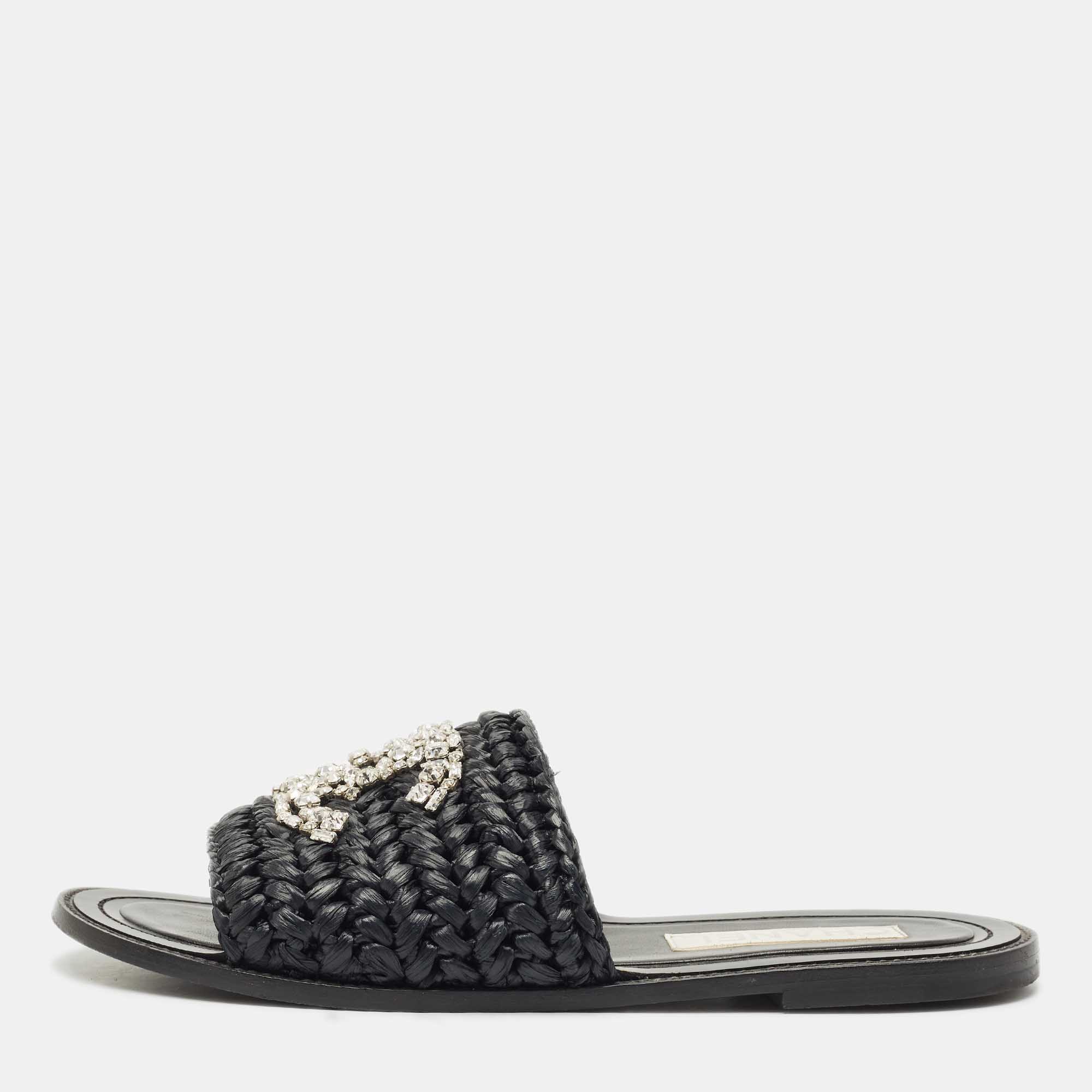 Pre-owned Chanel Black Woven Raffia Cc Crystals Flat Slides Size 39.5