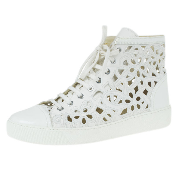 Chanel White Flower Cutout Leather High Top Sneakers Size 41