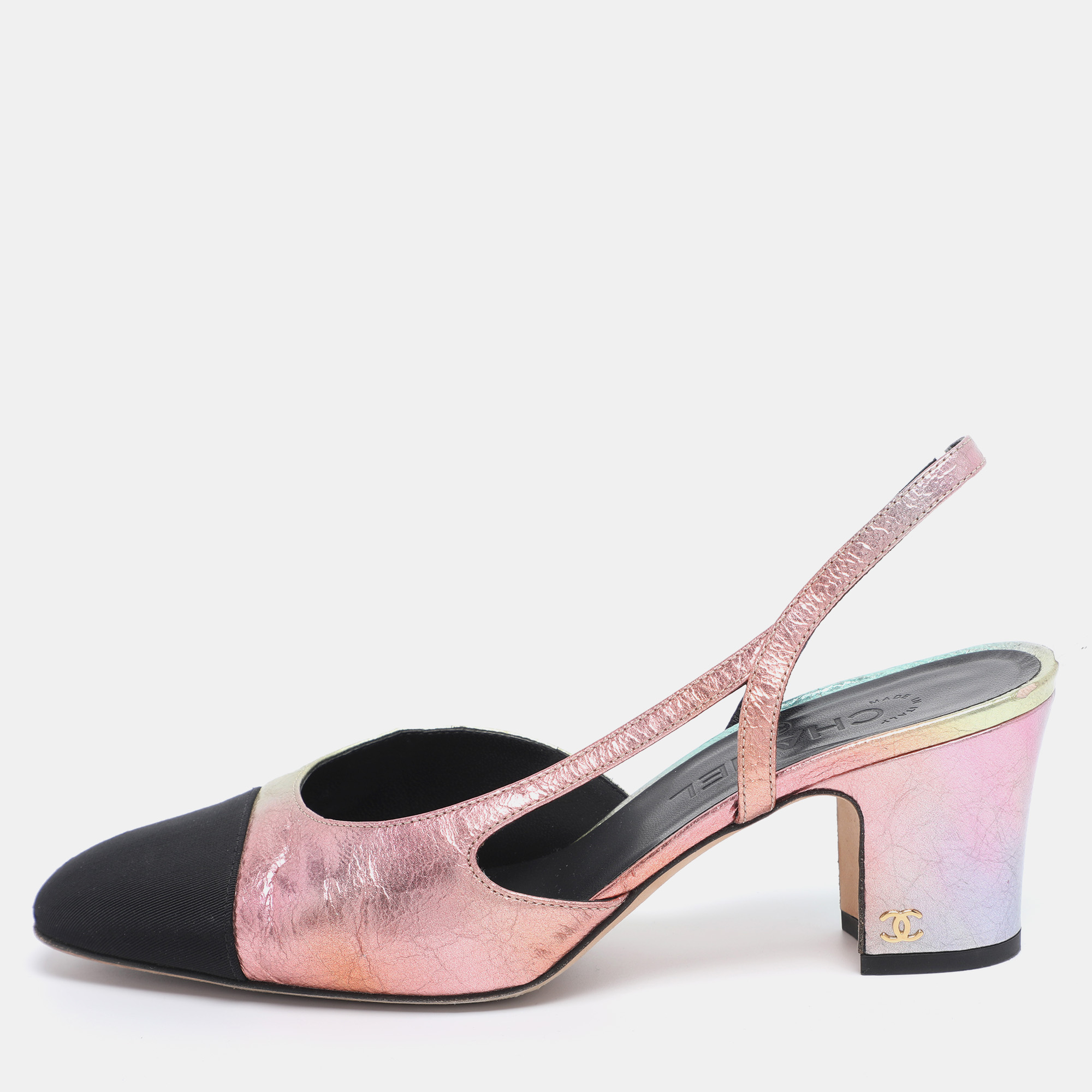 

Chanel Multicolor Leather CC Cap Toe Slingback Pumps Size 39