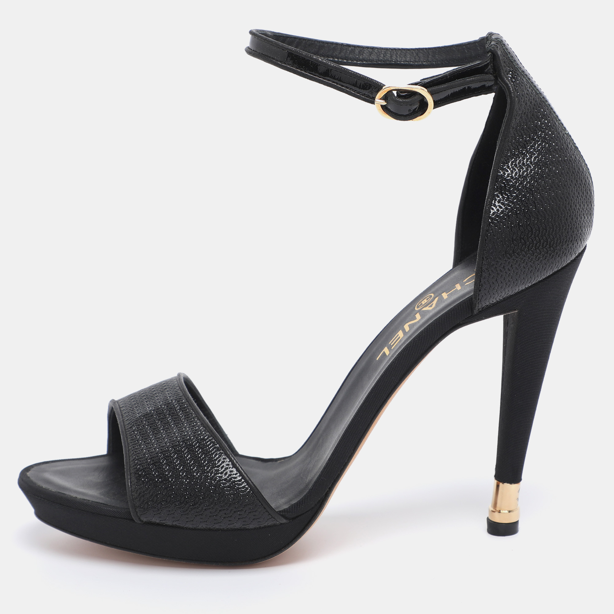 

Chanel Black Textured Patent Leather CC Heel Ankle Strap Sandals Size 41.5