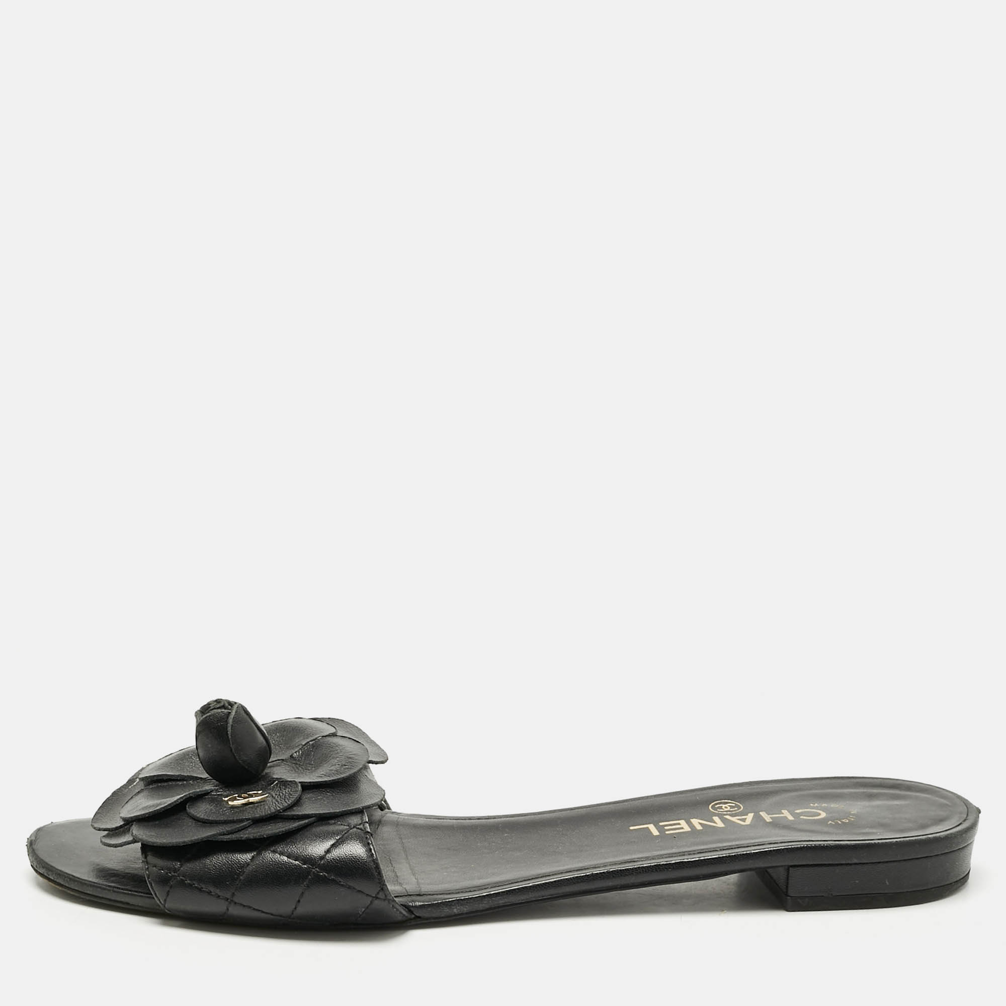 

Chanel Black Leather CC Camellia Flat Slides Size