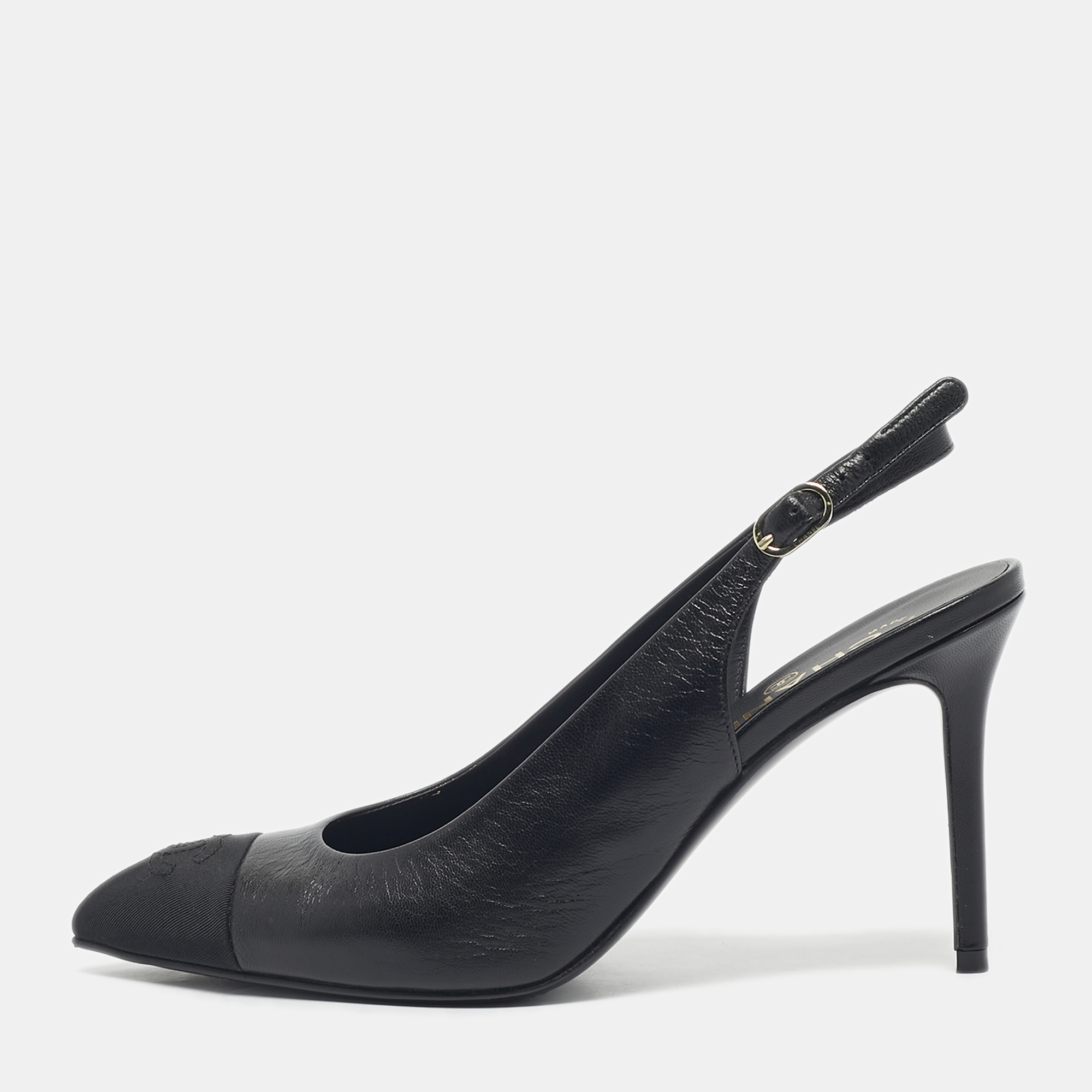 Pre-owned Chanel Black Leather And Canvas Pointed Toe Slingback Pumps Size 38.5