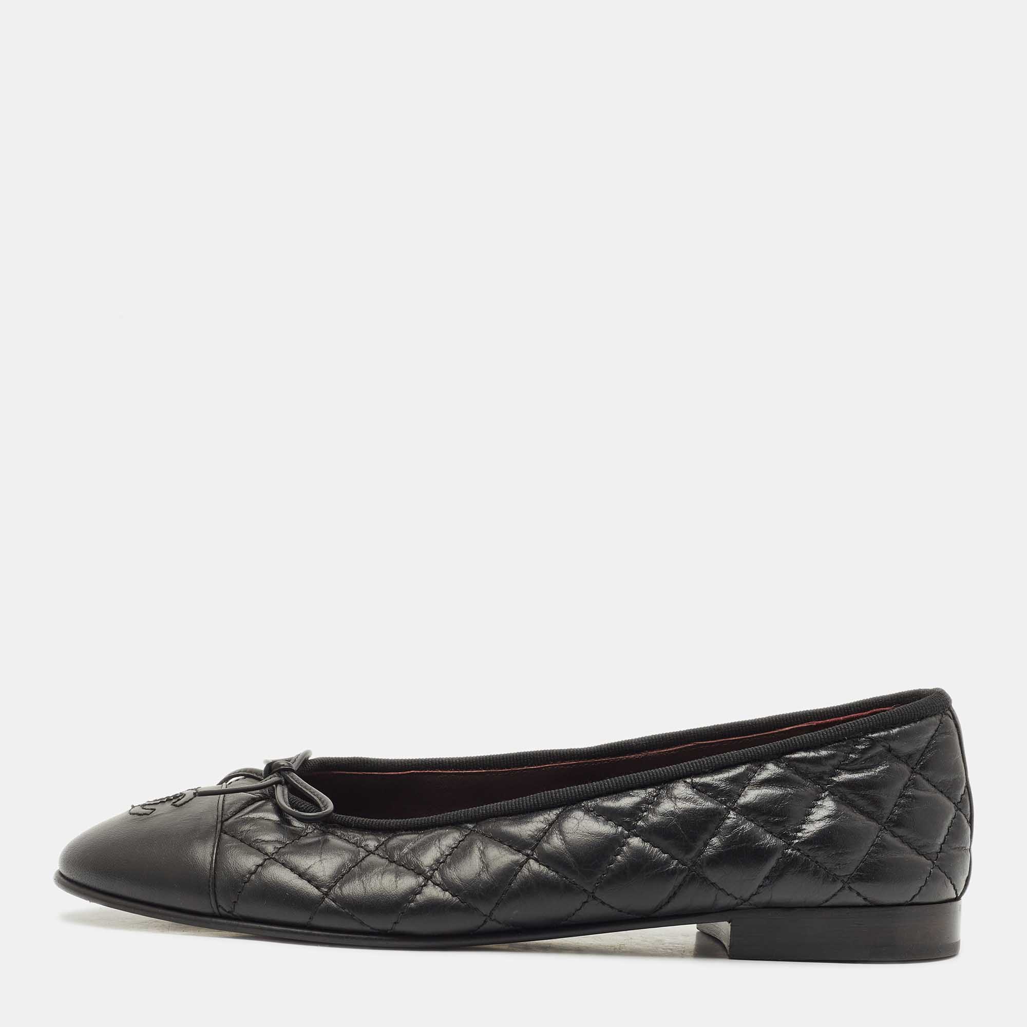 

Chanel Black Leather CC Cap Toe Bow Ballet Flats Size, Brown