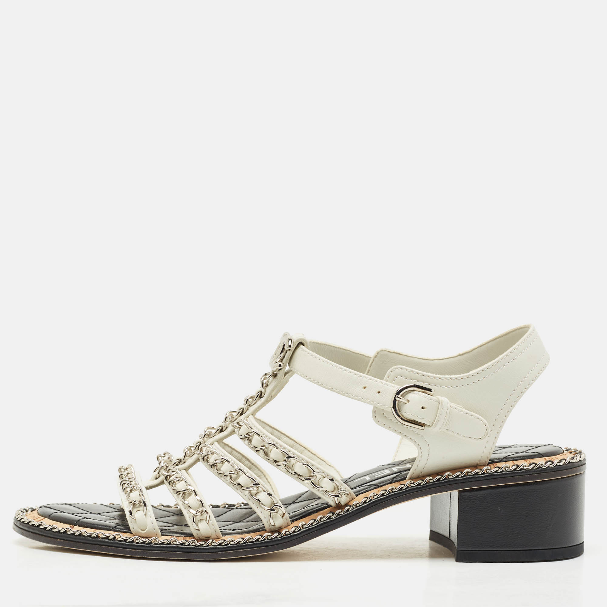 

Chanel White Leather Chain CC Logo Strappy Flat Sandals Size