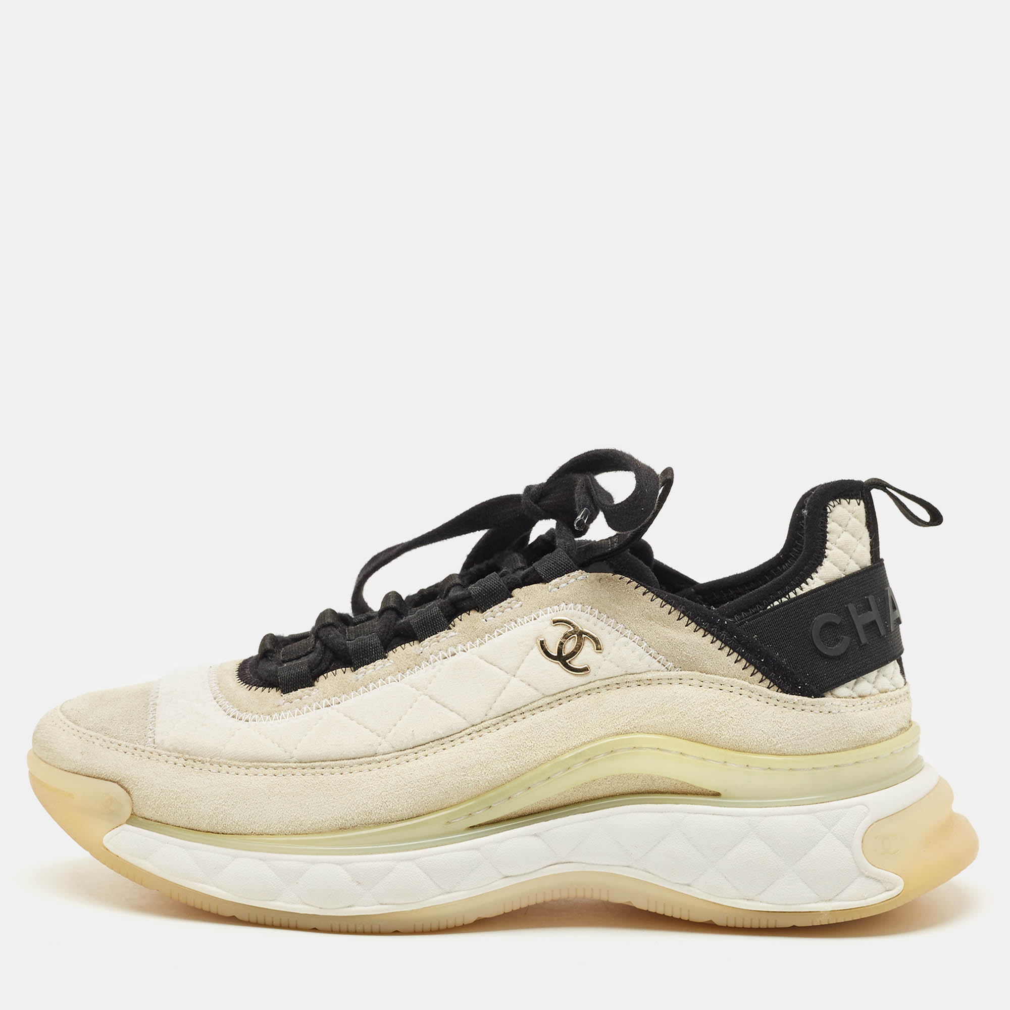 

Chanel Off White Fabric and Suede CC Low Top Sneakers Size