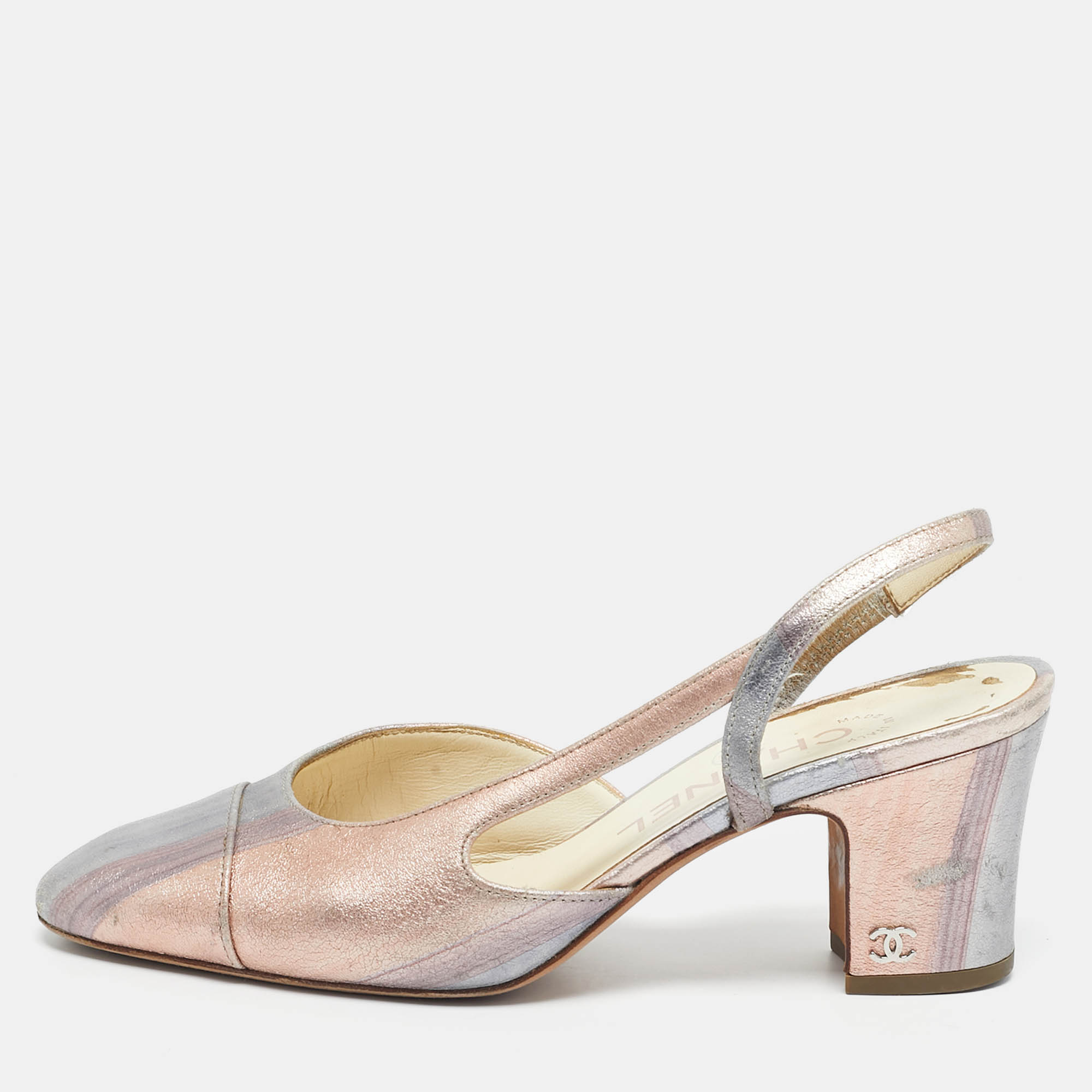 

Chanel Pink/Blue Leather CC Slingback Pumps Size