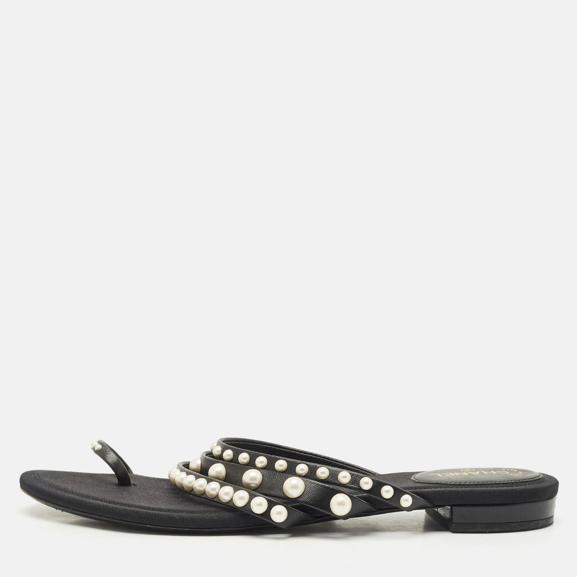 

Chanel Black Canvas and Leather Pearl Embellished Thong Flats Size