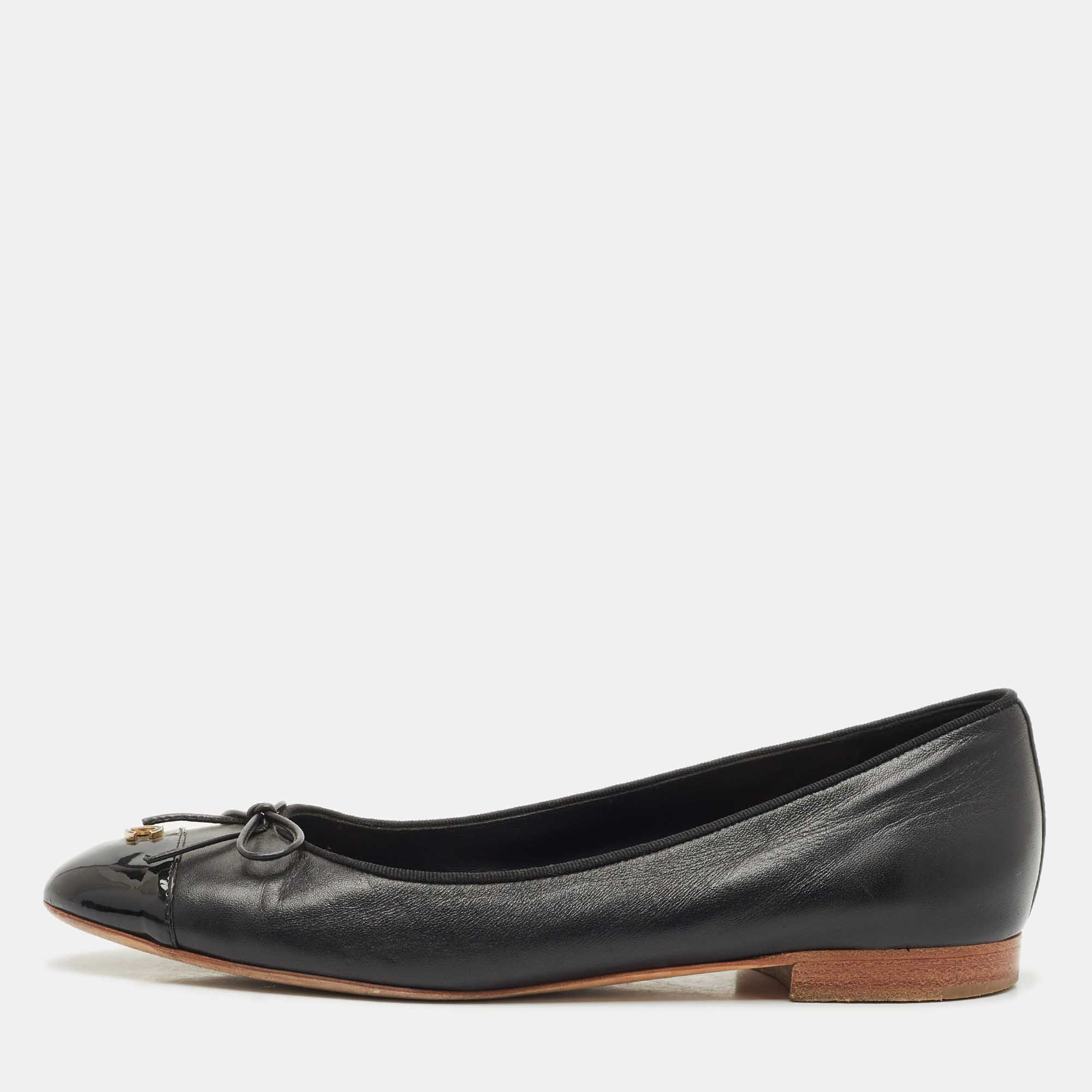 

Chanel Black Leather CC Cap Toe Bow Ballet Flats Size