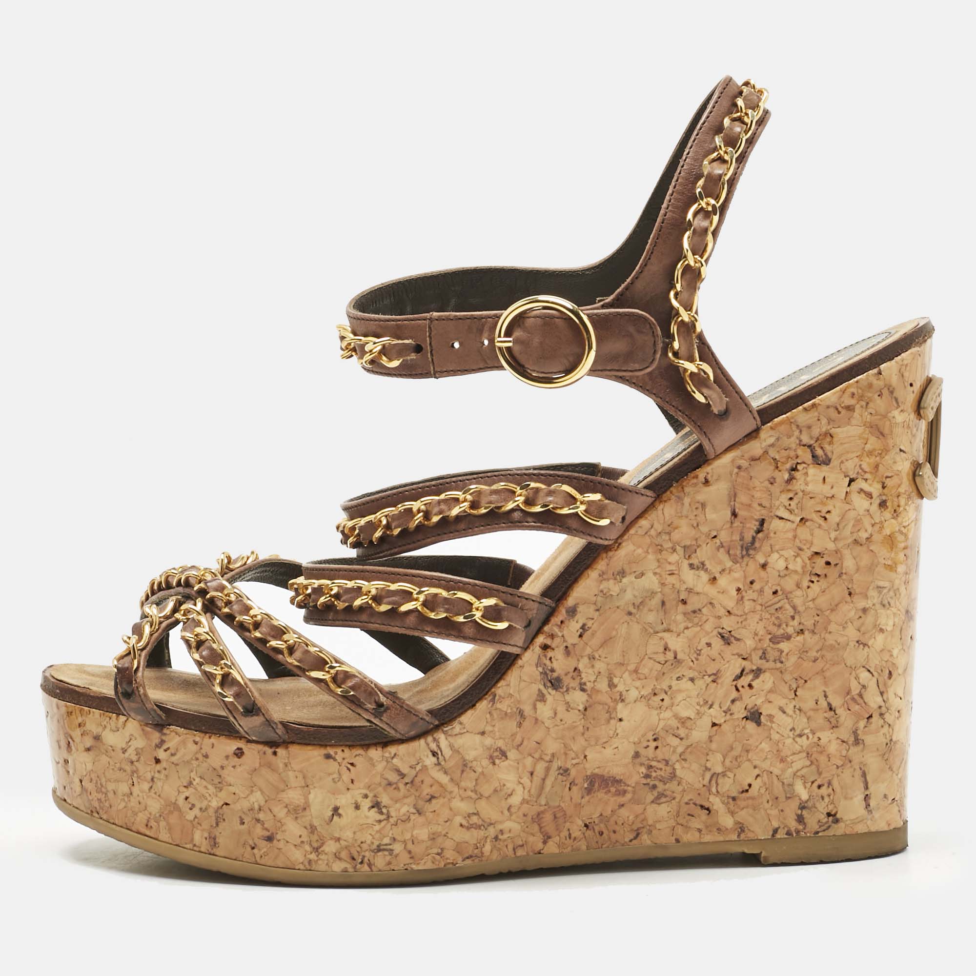 

Chanel Brown Leather CC Chain Link Straps Cork Platform Wedges Sandals Size
