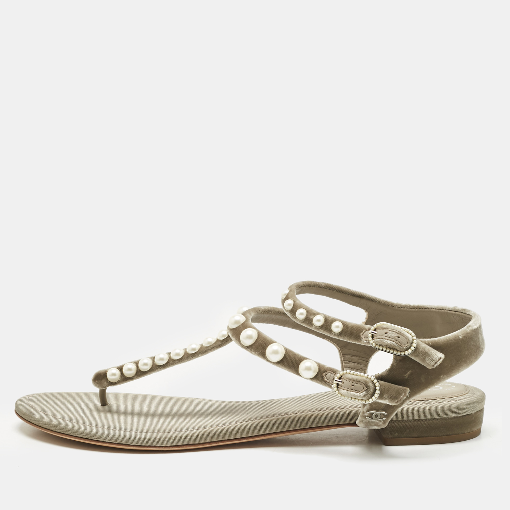 

Chanel Grey Velvet Pear Embellished Thong Sandals Size, Silver