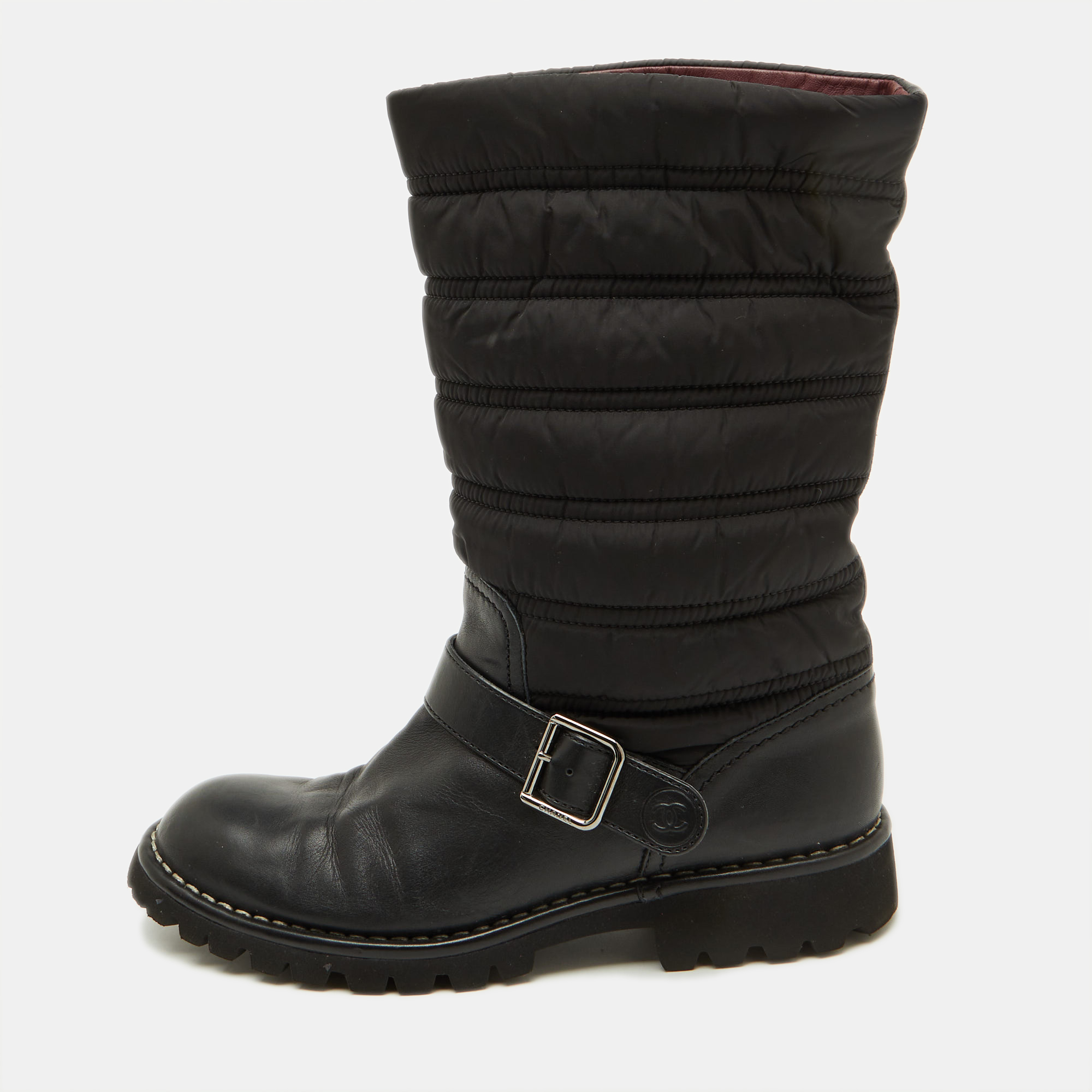 

Chanel Black Nylon and Leather CC Logo Moto Calf Length Boots Size