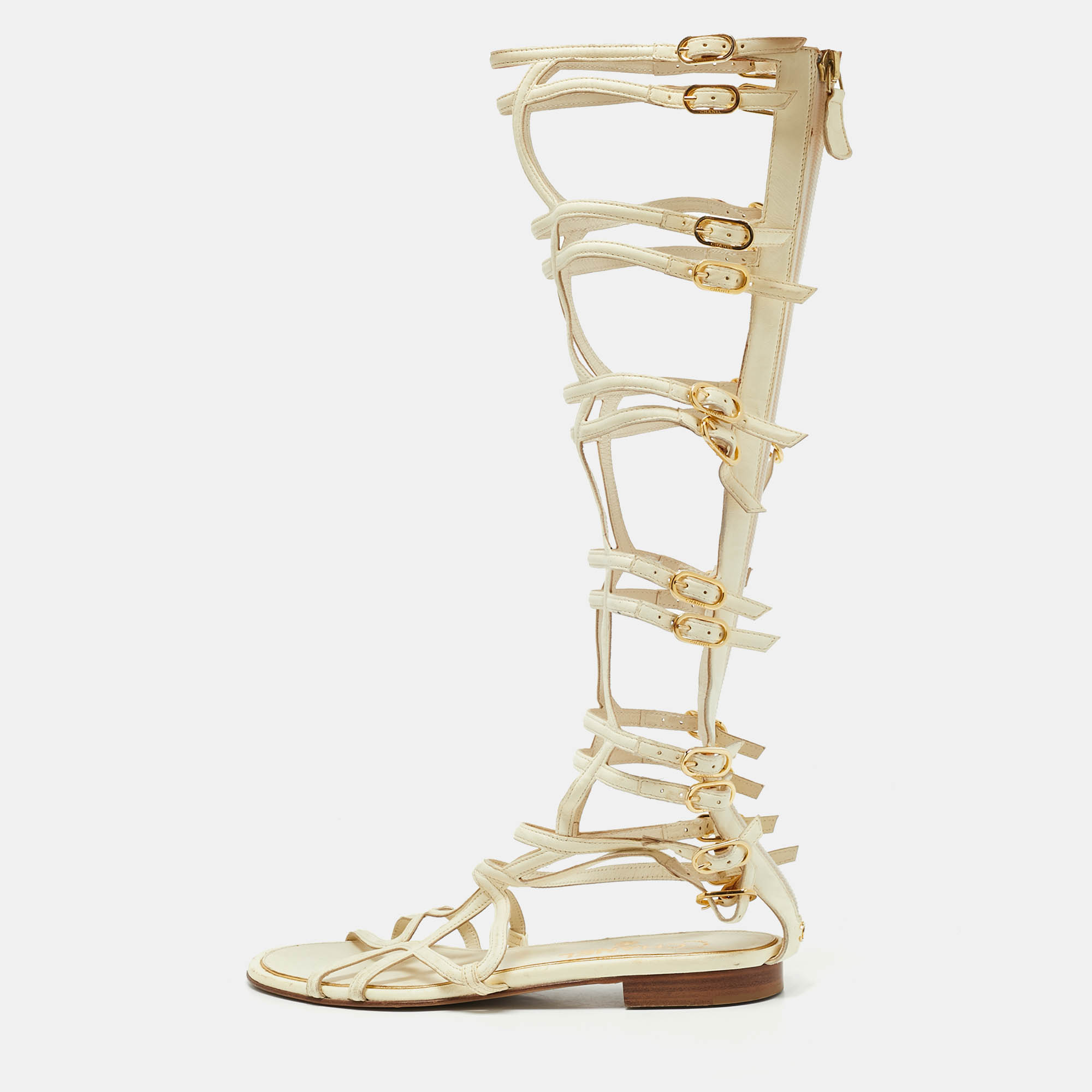 

Chanel Cream Leather Gladiator Flat Sandals Size