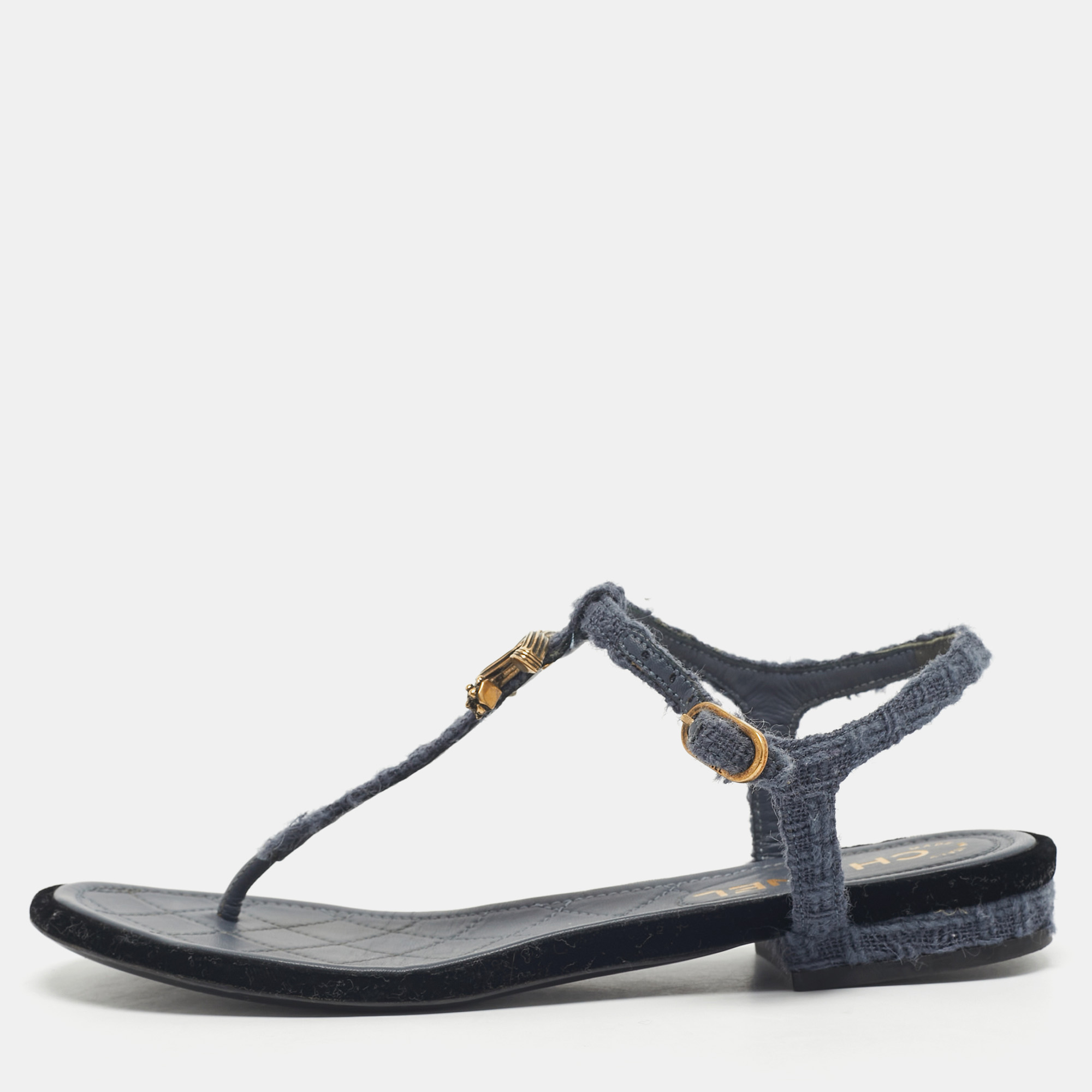 Pre-owned Chanel Blue Tweed And Velvet Cc Logot-strap Flat Sandals Size 37