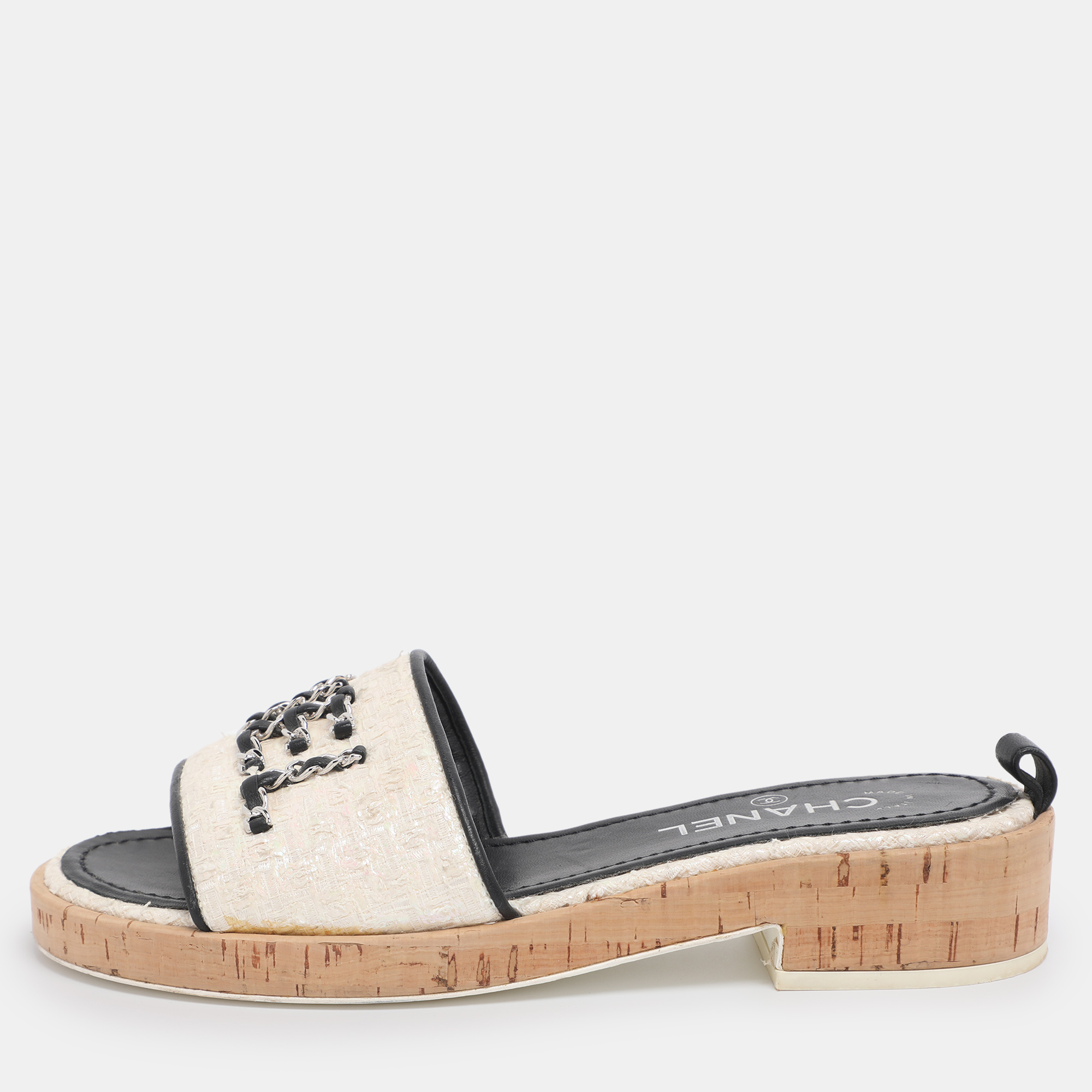 

Chanel Iridescent/Black Tweed And Leather Chain Link Cork Slides Size 38.5, Metallic