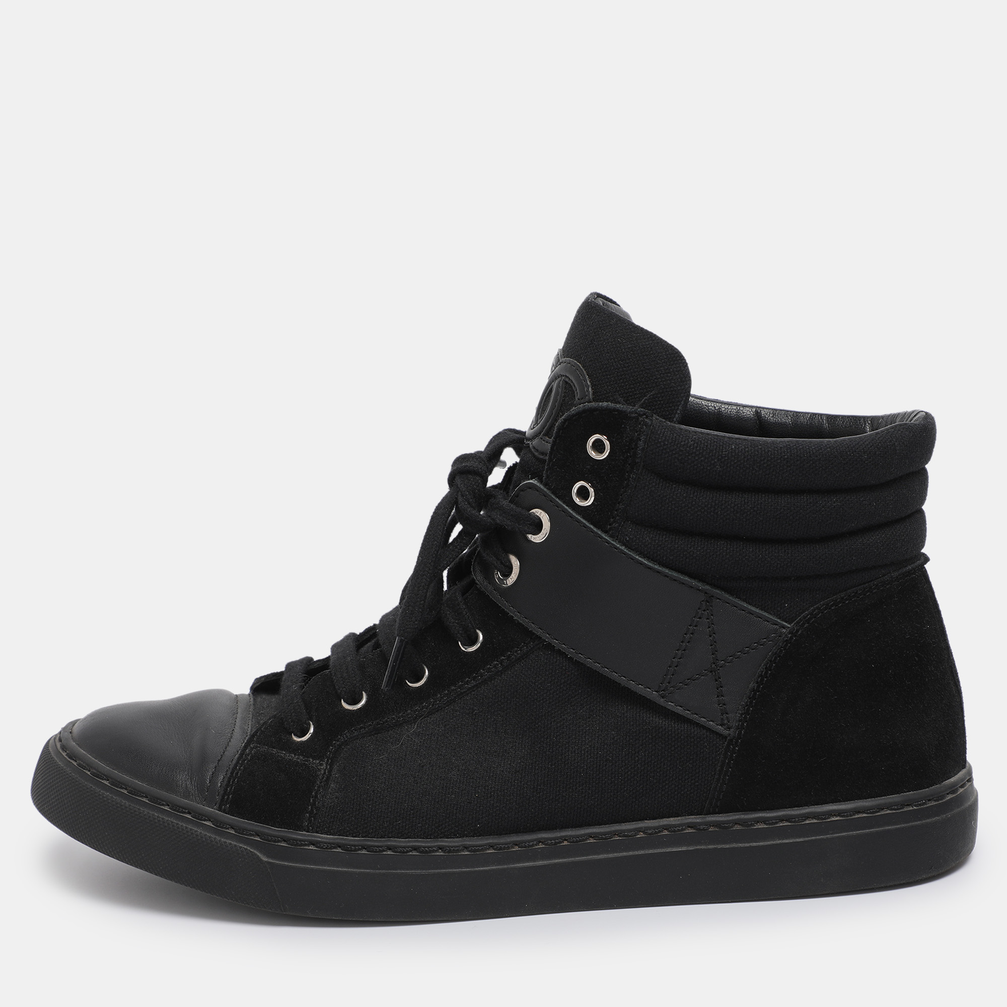 

Chanel Black Suede Leather And Canvas High Top Sneakers Size 39