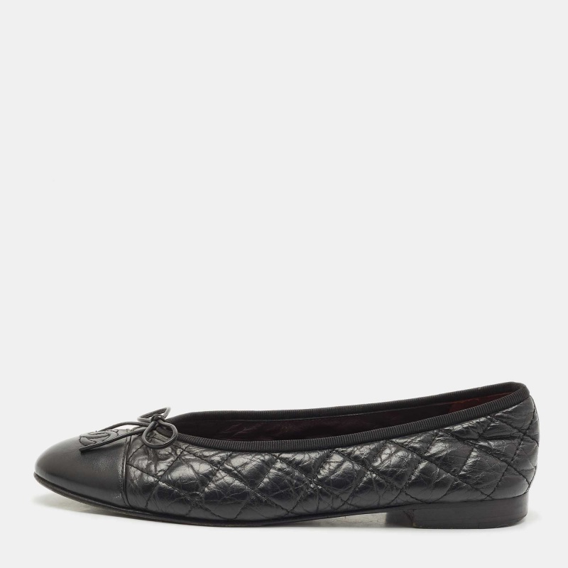 

Chanel Black Leather CC Cap Toe Bow Ballet Flats Size