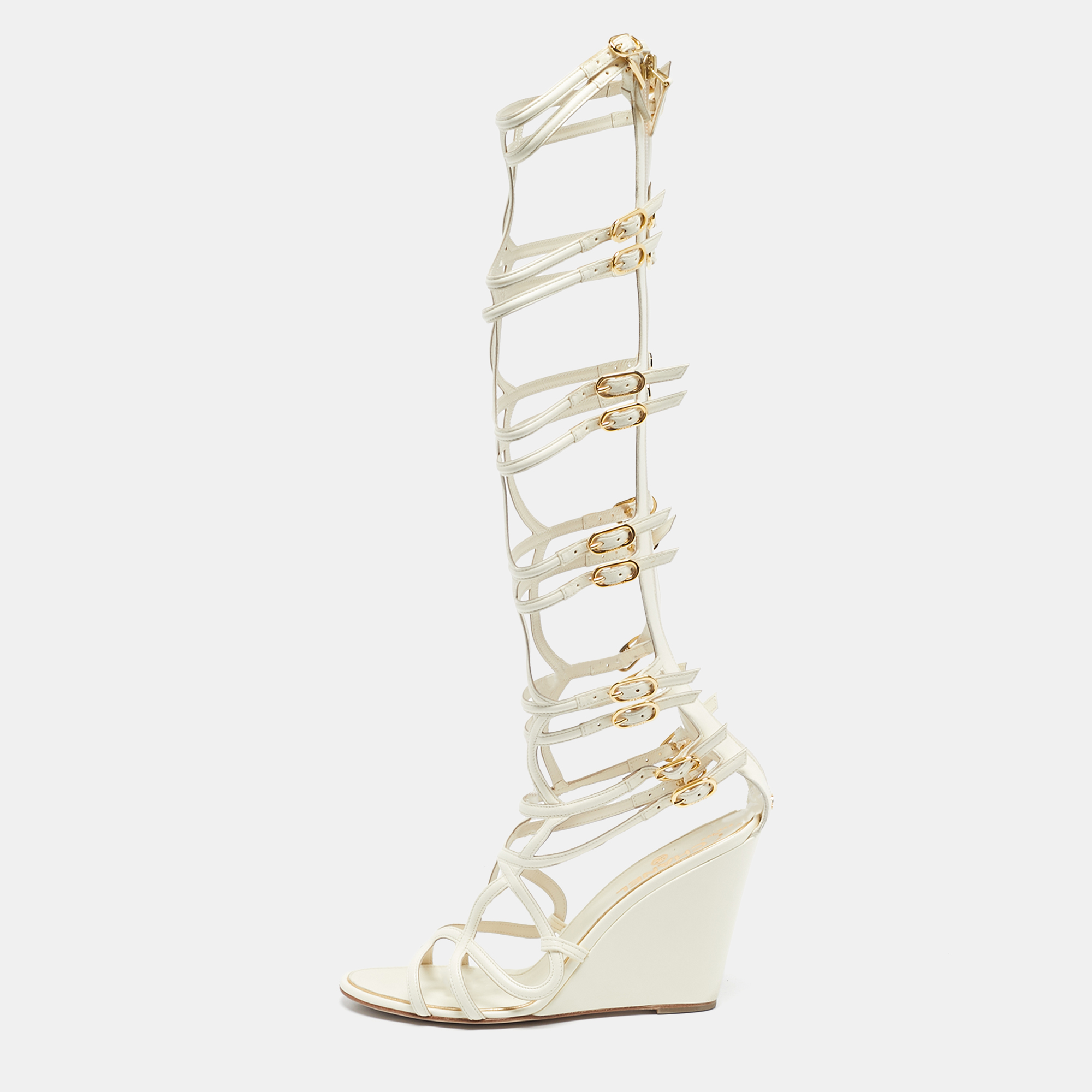 

Chanel Cream Leather Gladiator Wedge Sandals Size