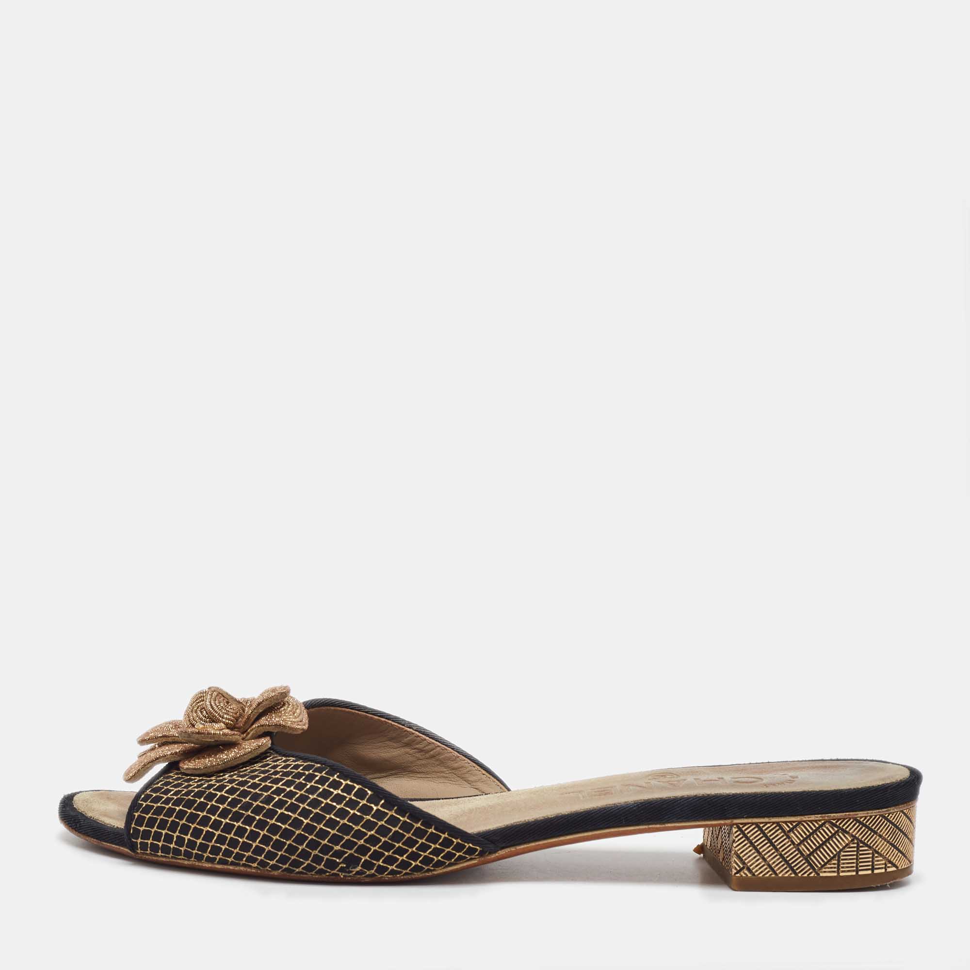 

Chanel Gold/Black Fabric and Mesh CC Camelia Embellished Slide Sandals Size