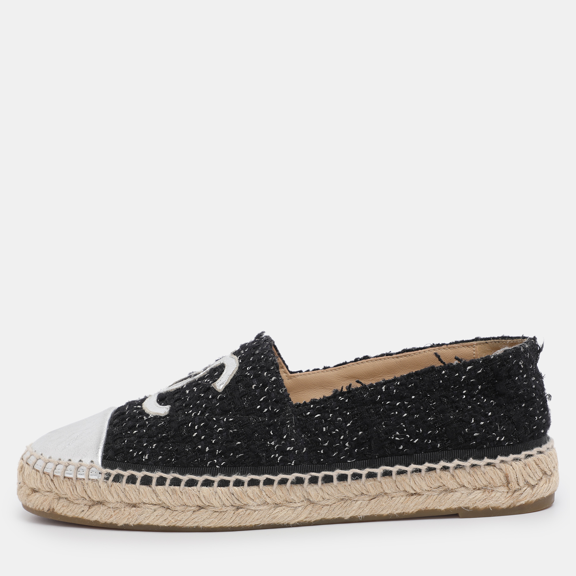 

Chanel Black/Silver Tweed and Leather CC Cap Toe Espadrille Flats Size 38