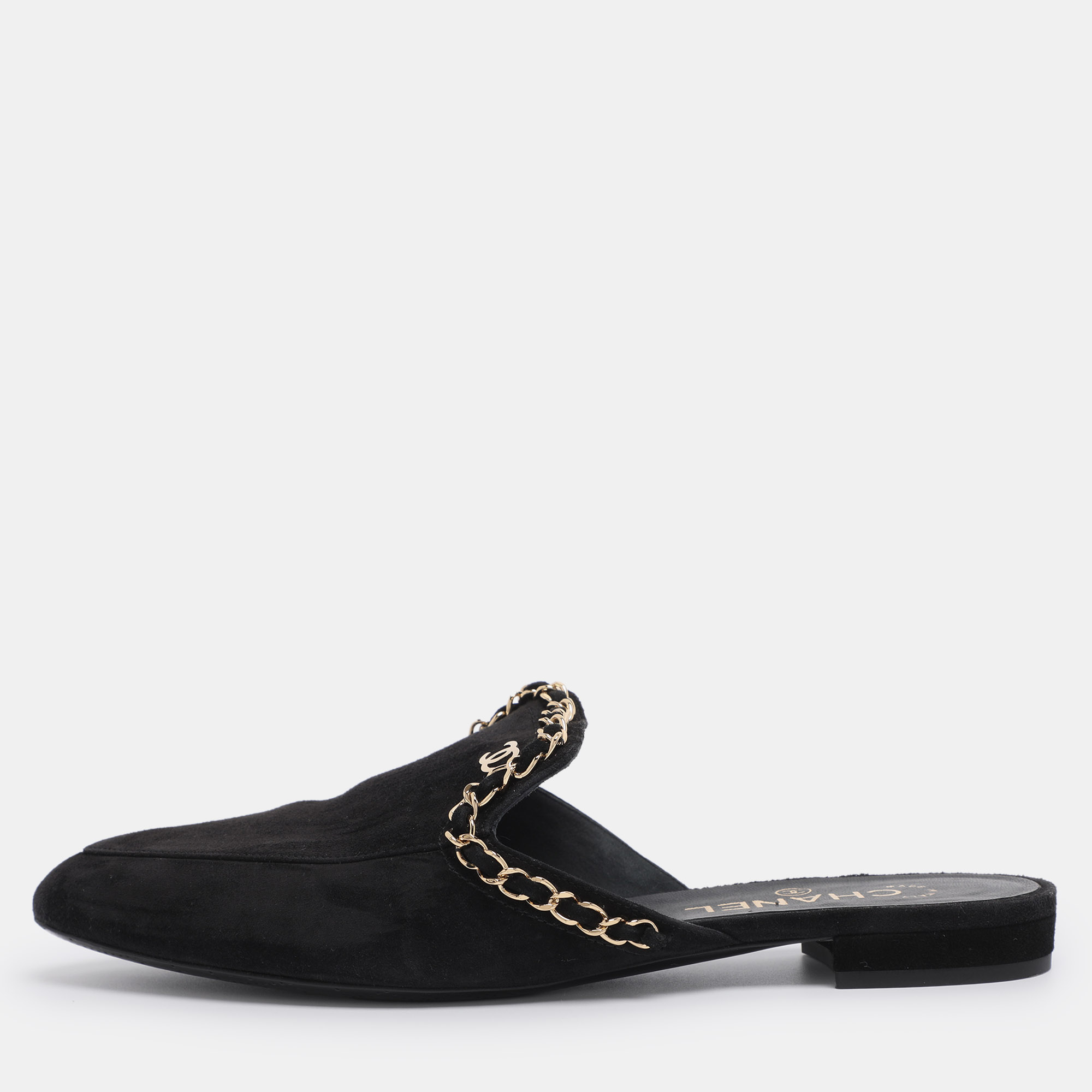 Pre-owned Chanel Black Suede Cc Chain Mules Size 38.5