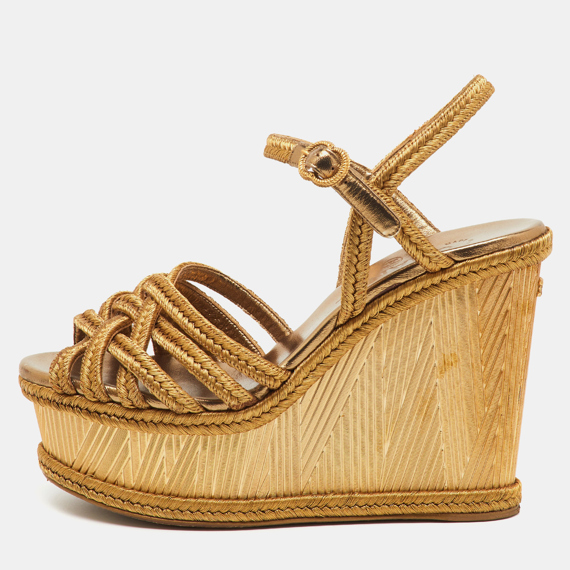 Pre-owned Chanel Metallic Gold Woven Thread Platform Wedge Sandals Size 39