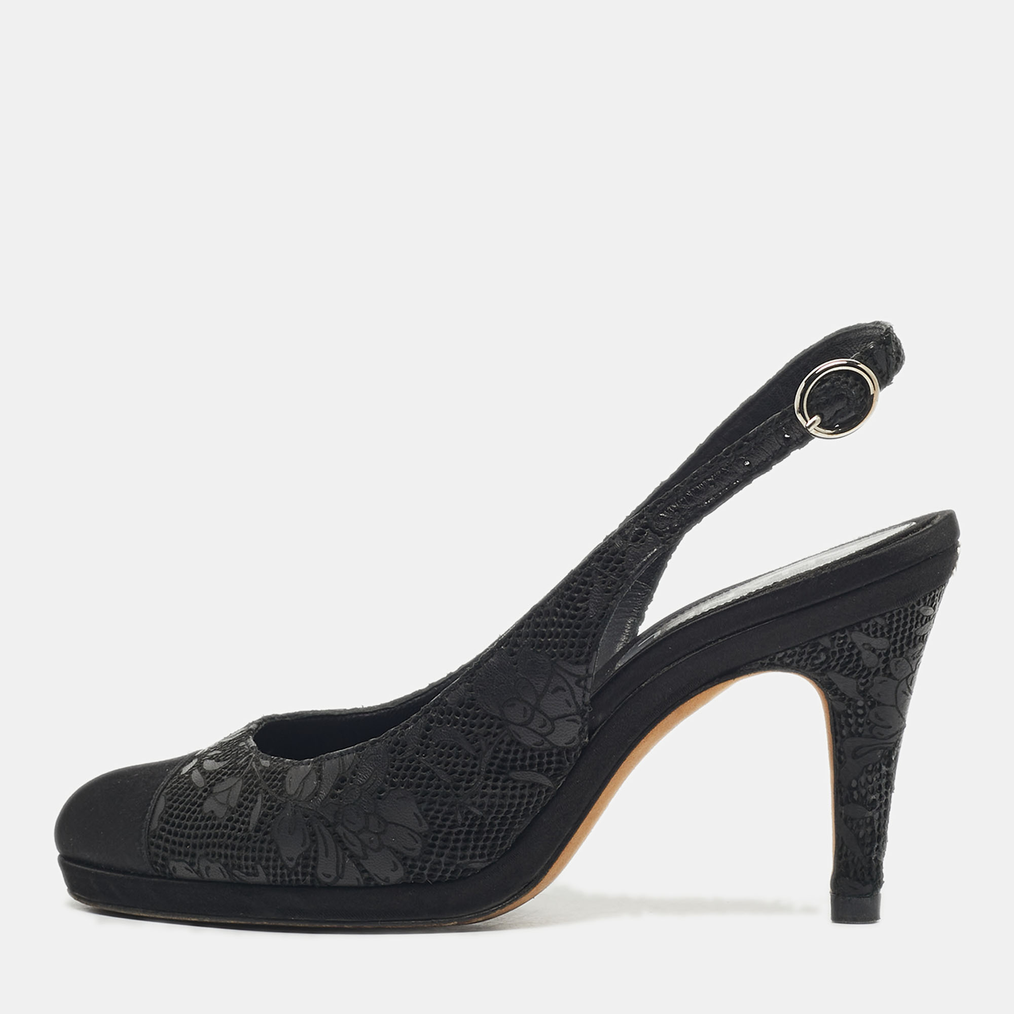 

Chanel Black Leather and Satin Cap Toe Slingback Pumps Size
