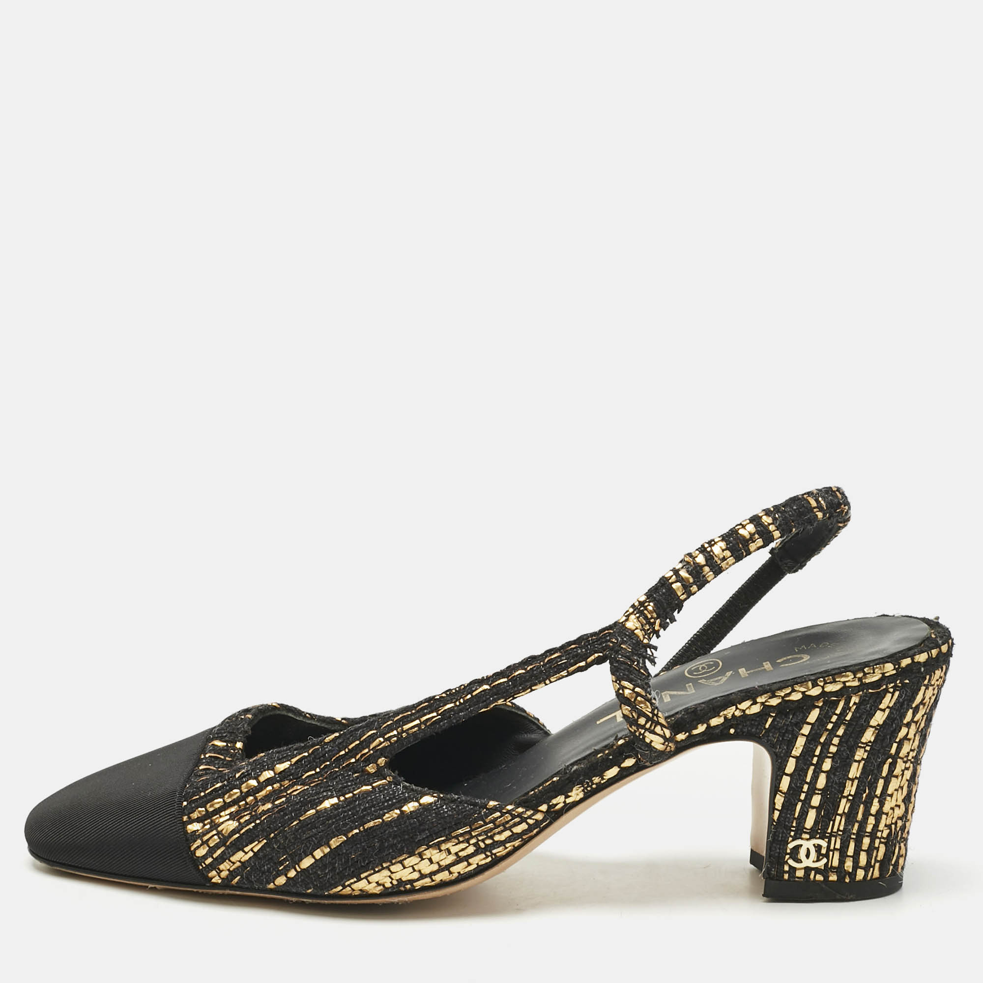 

Chanel Gold/Black Tweed and Fabric CC Slingback Pumps Size