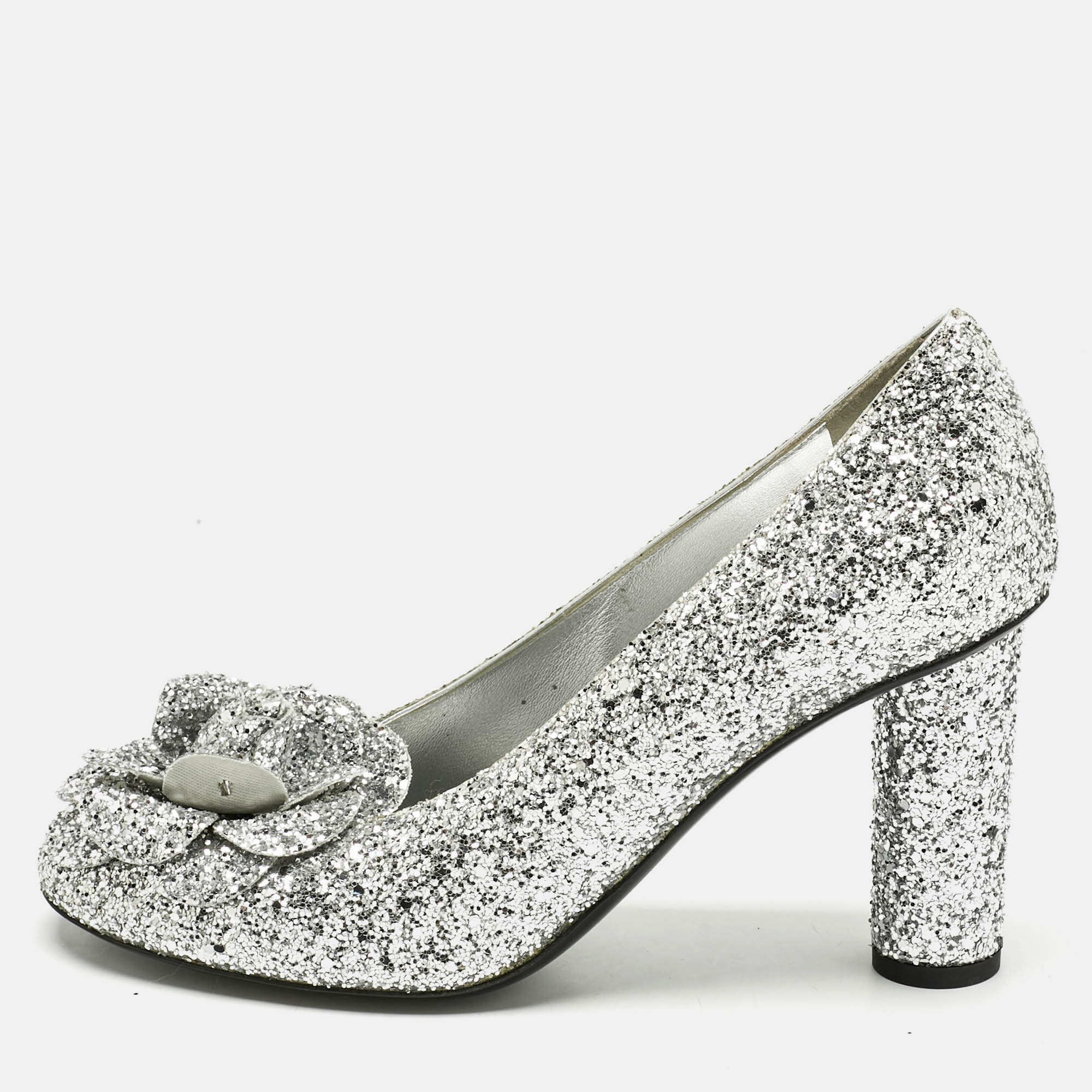 

Chanel Metallic Silver Glitter CC Camelia Block Heel Pumps Size