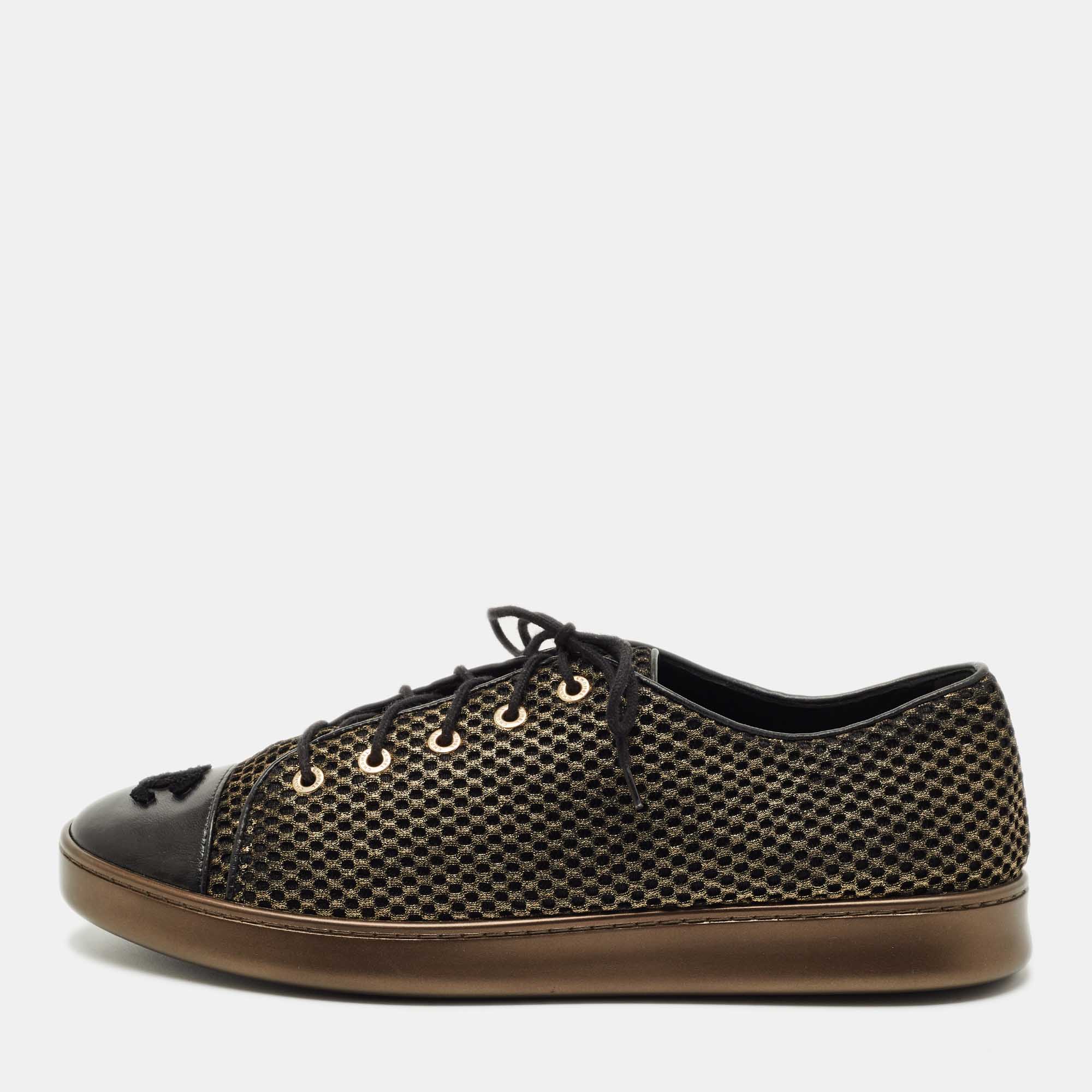 

Chanel Gold/Black Mesh and Leather CC Low Top Sneakers Size