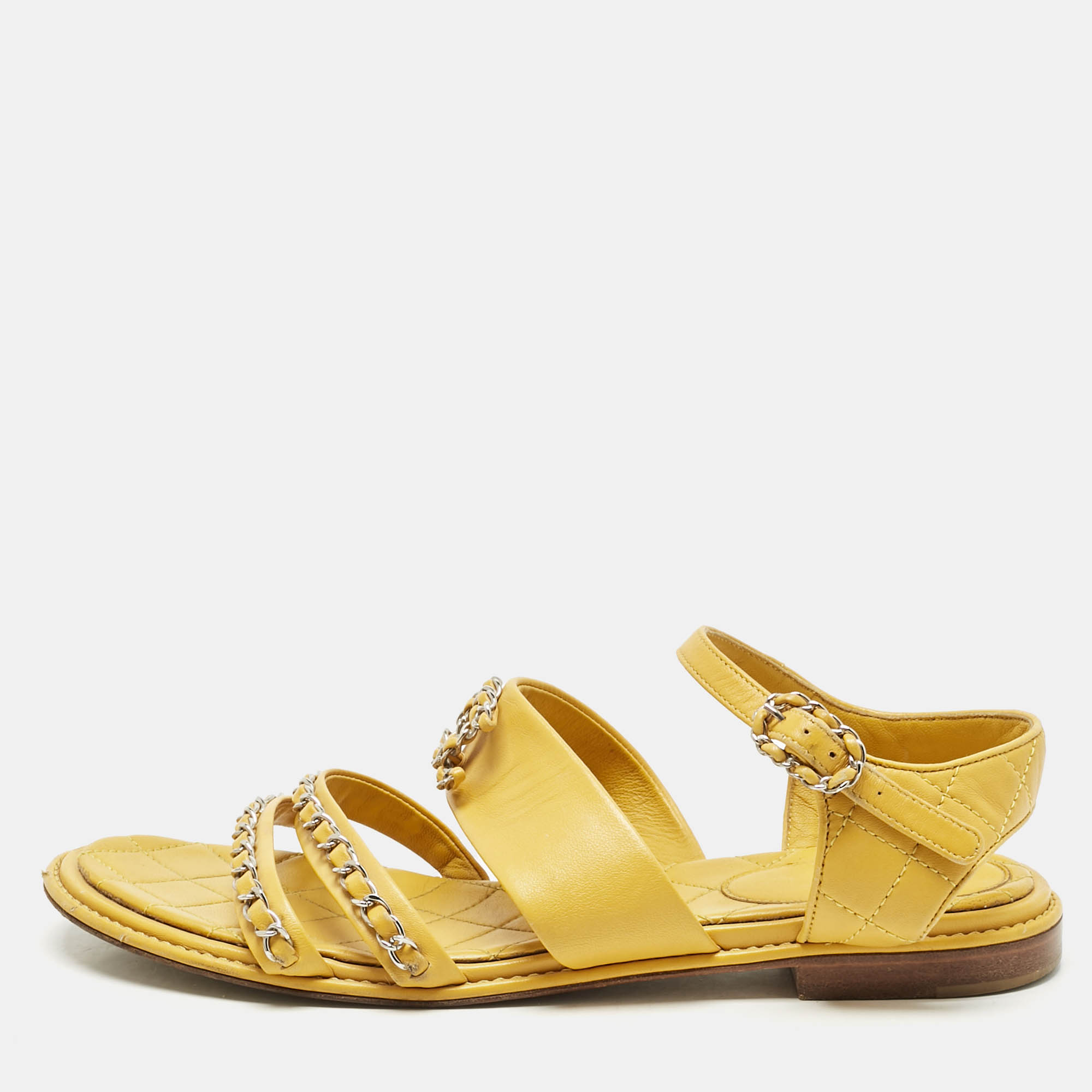 Chanel Yellow Leather Chain CC Ankle Strap Sandals Size 40
